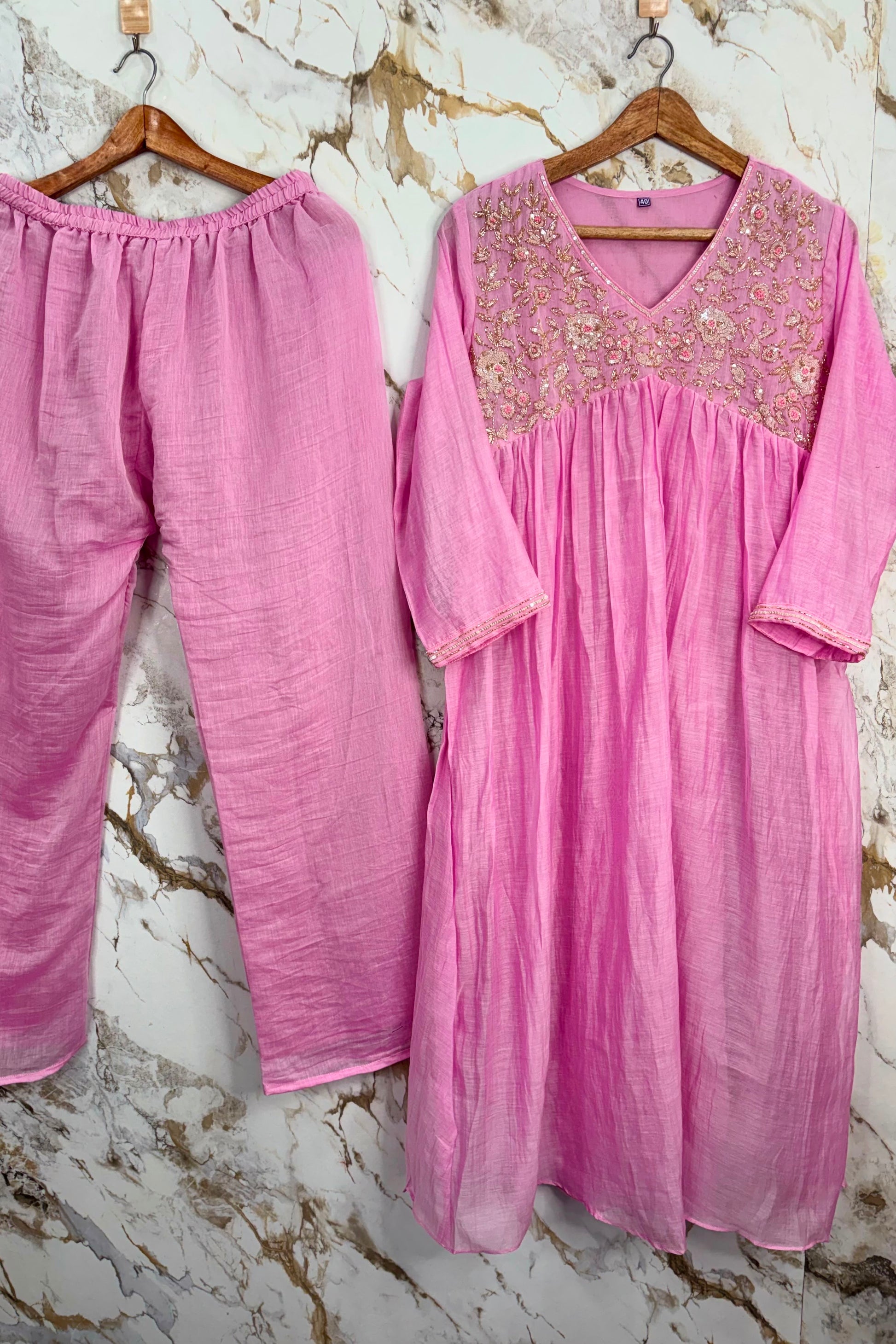 ✨”Mahek- Premium Pink Mul Chanderi A-Line Kurta Set