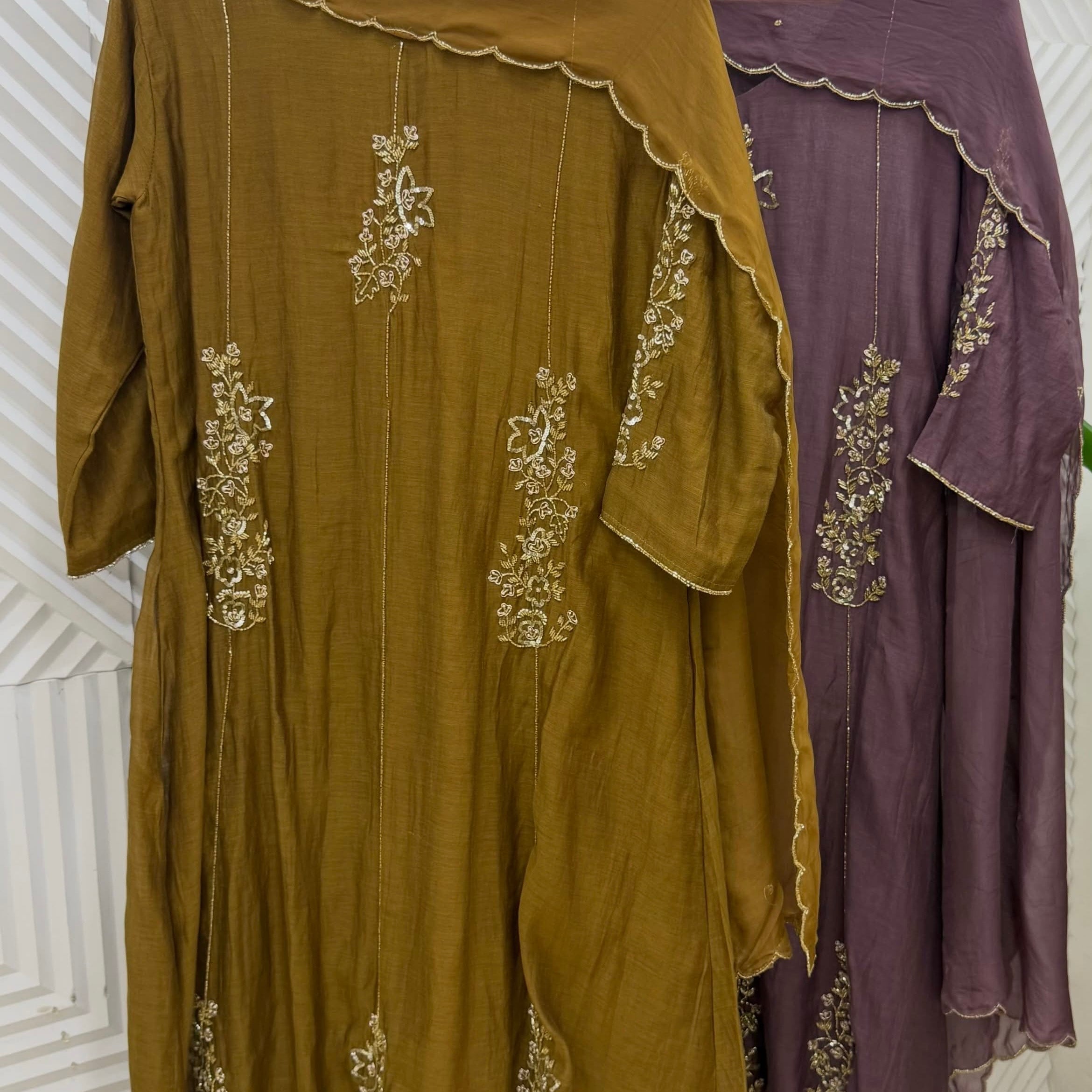 ✨”Rida - Premium Green Gold & Orchid Mul Chanderi A-Line Kurta Set