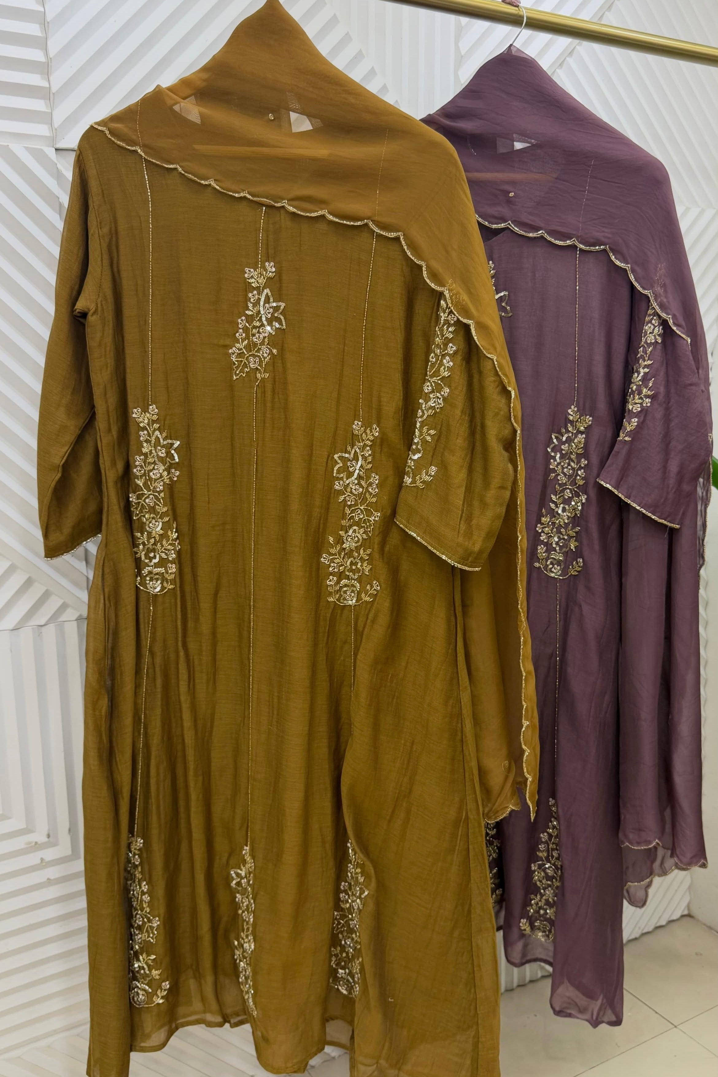 ✨”Rida - Premium Green Gold & Orchid Mul Chanderi A-Line Kurta Set