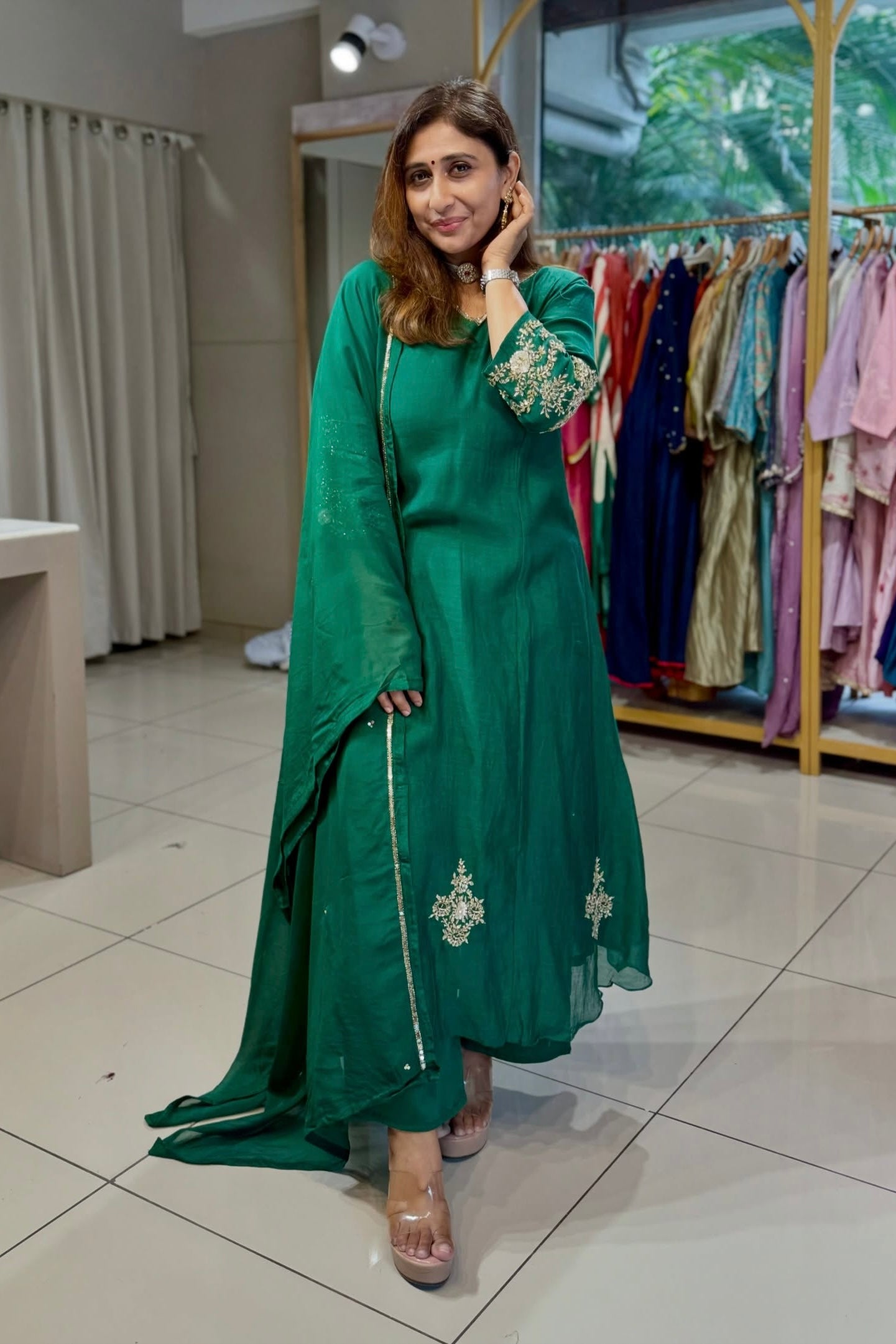 ✨”Amaya - Premium Green Mul Chanderi A-Line Kurta Set