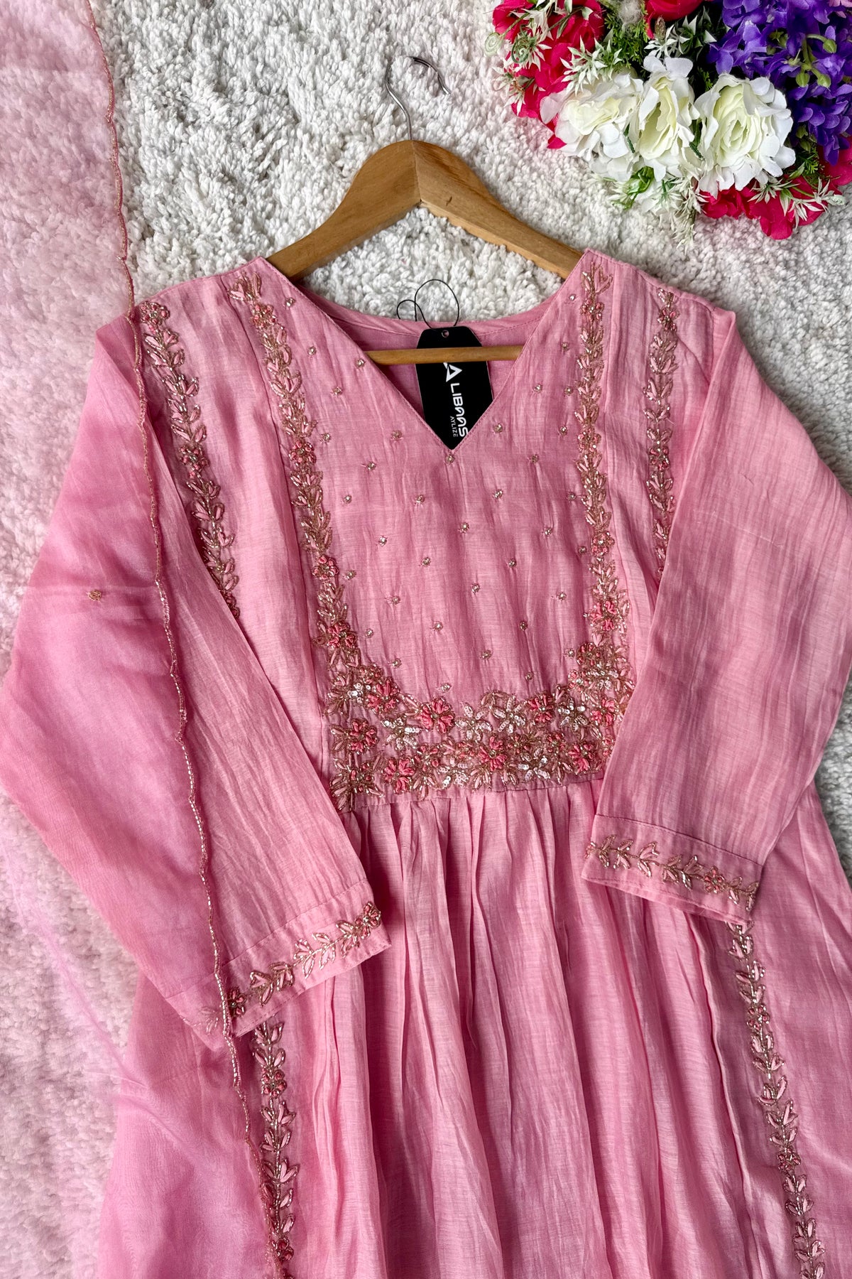 “Ayza” Premium Blush Rose Pink  Mul Chanderi A Line Suit set