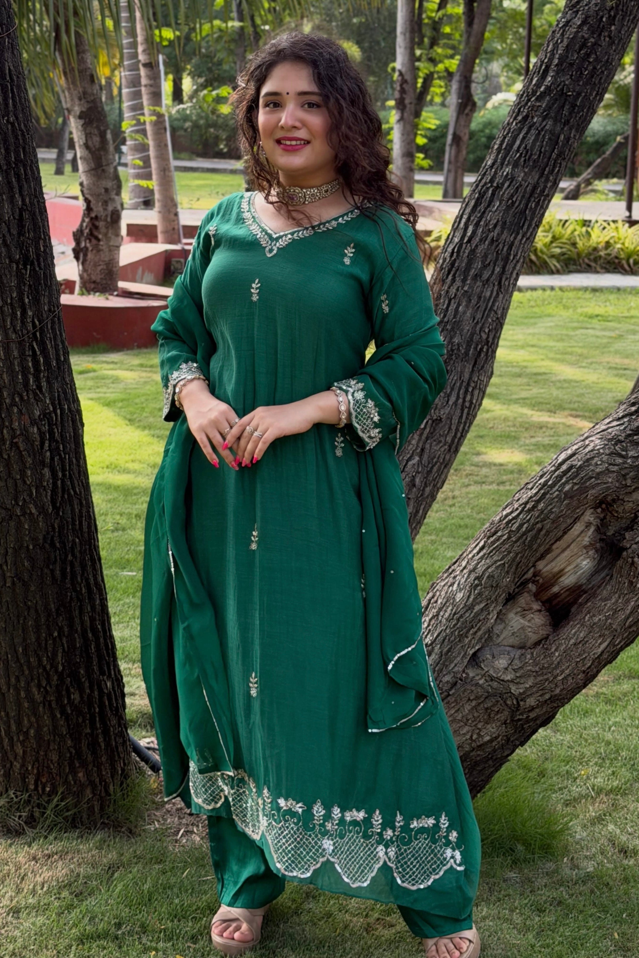 ✨”Eshal - Premium Green Mul Chanderi A-Line Kurta Set