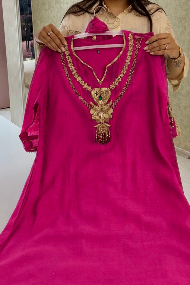 ✨”Falak - Premium Pink Mul Chanderi A-Line Kurta Set