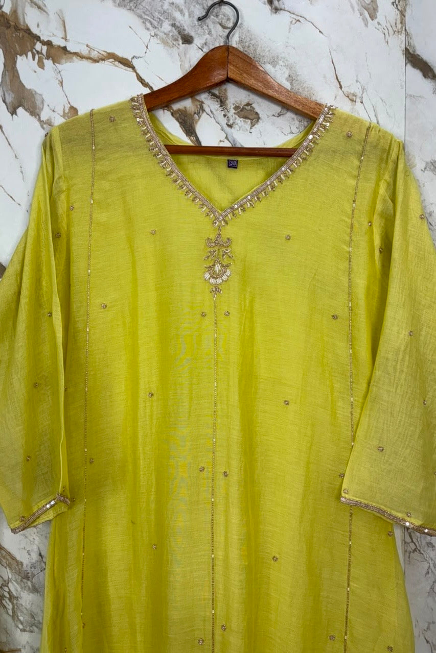 🛍️ Chandni - Lime Green Mul Chanderi A Line Suit set