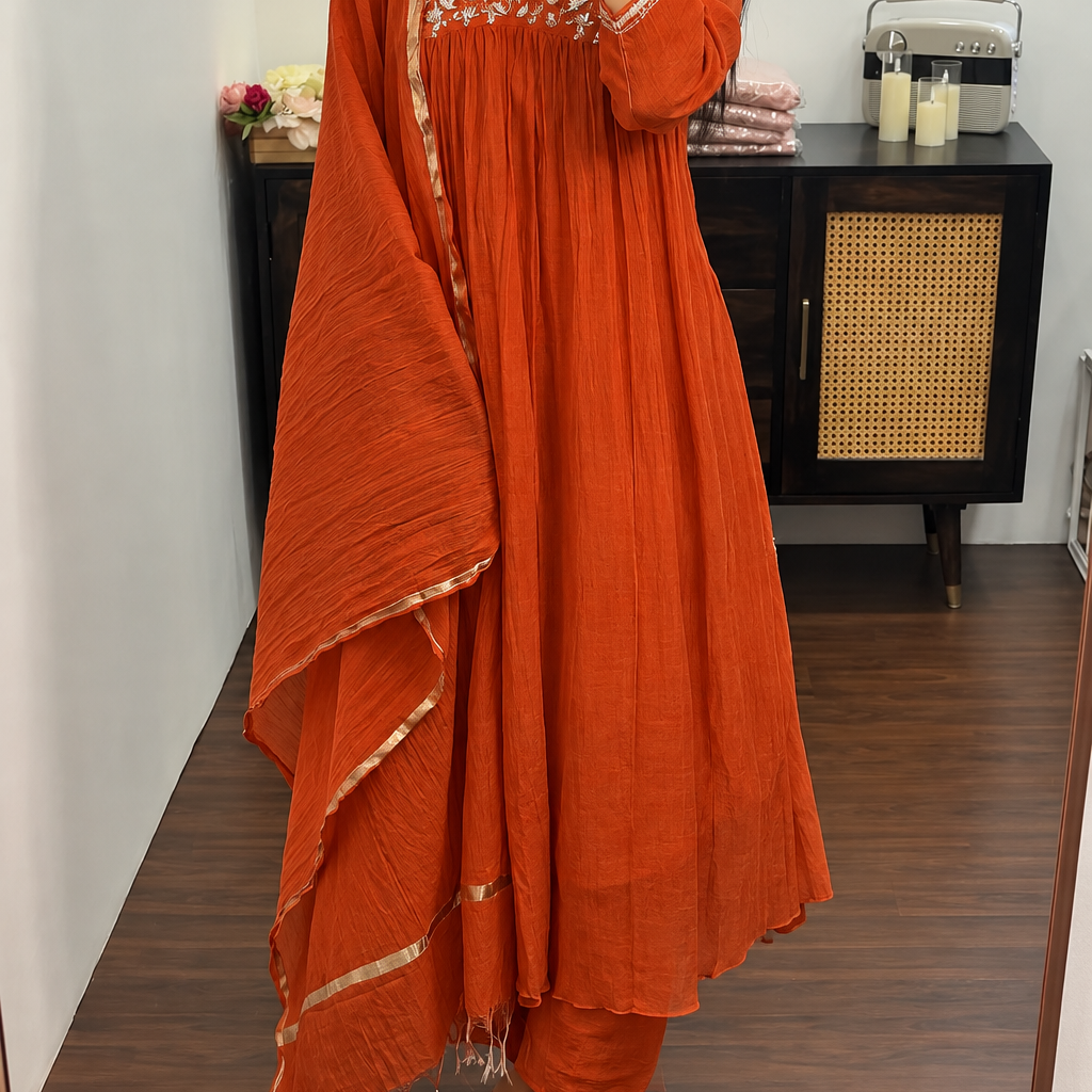✨”Mahek-Rust Orange Mul Chanderi A-Line Kurta Set✨