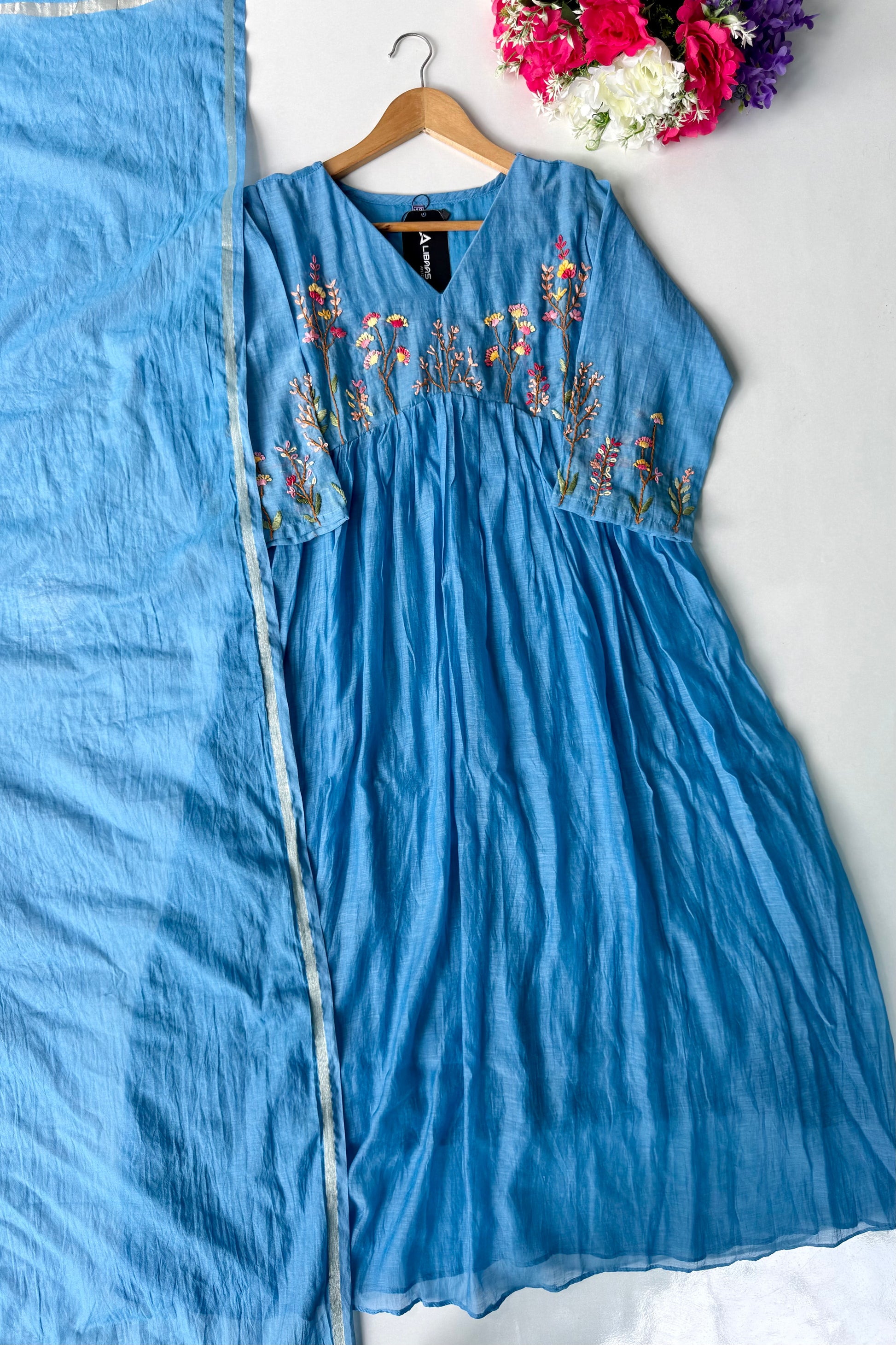 💙AYRA- Azure Blue Mul Chanderi Thread Work Anarkali Kurta Set