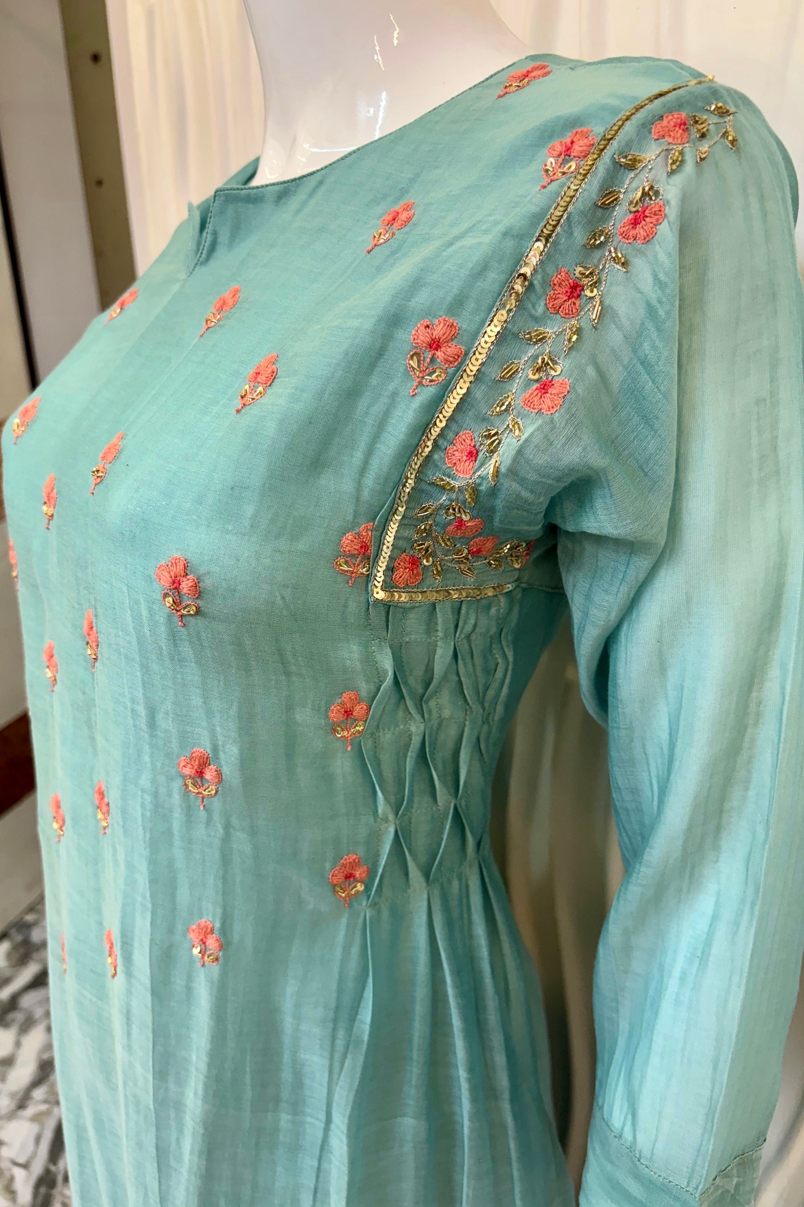 🛍️”Delilah – Premium Aqua Green Mul Chanderi A Line Kurta Set