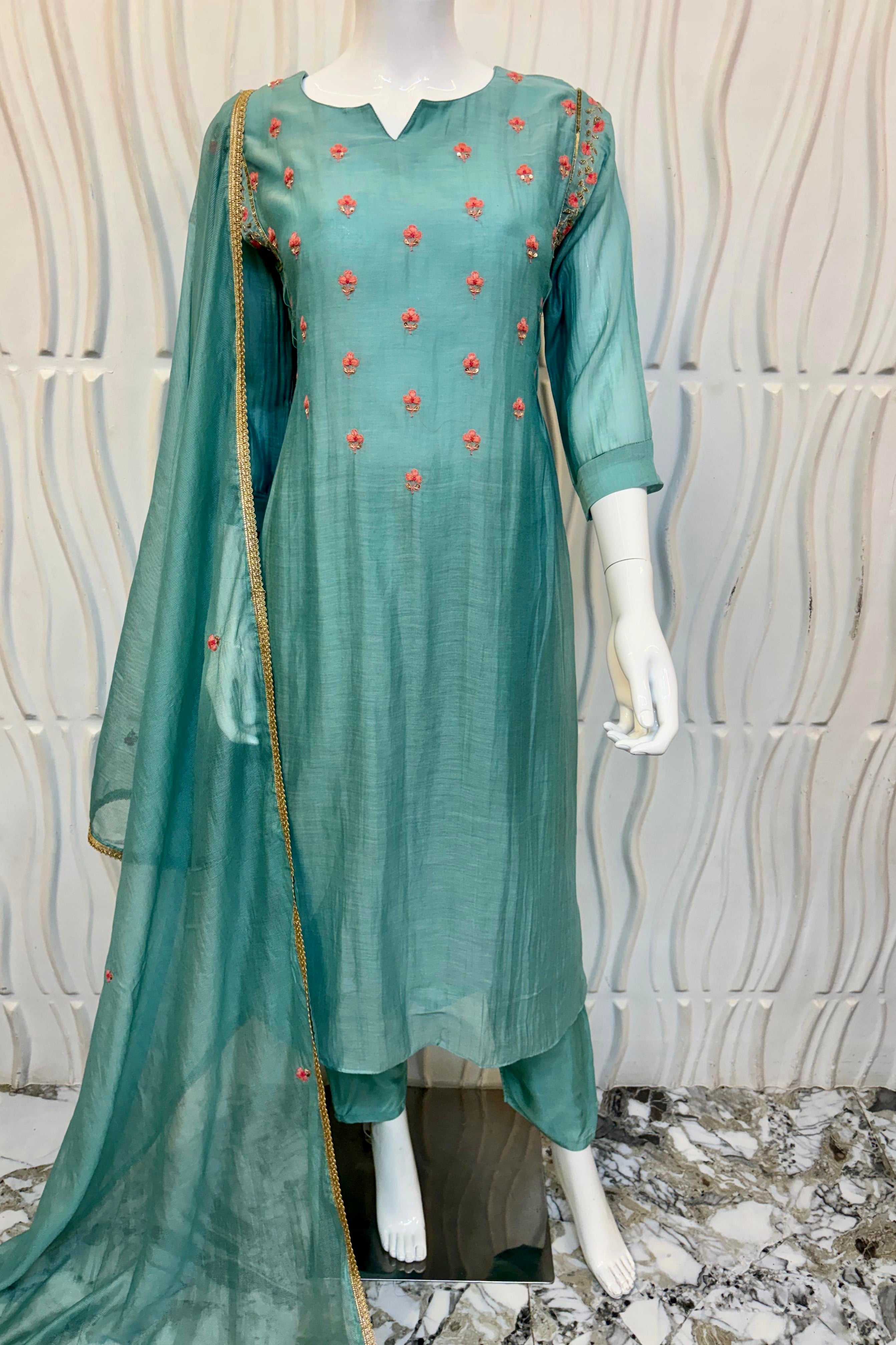 🛍️”Delilah – Premium Aqua Green Mul Chanderi A Line Kurta Set