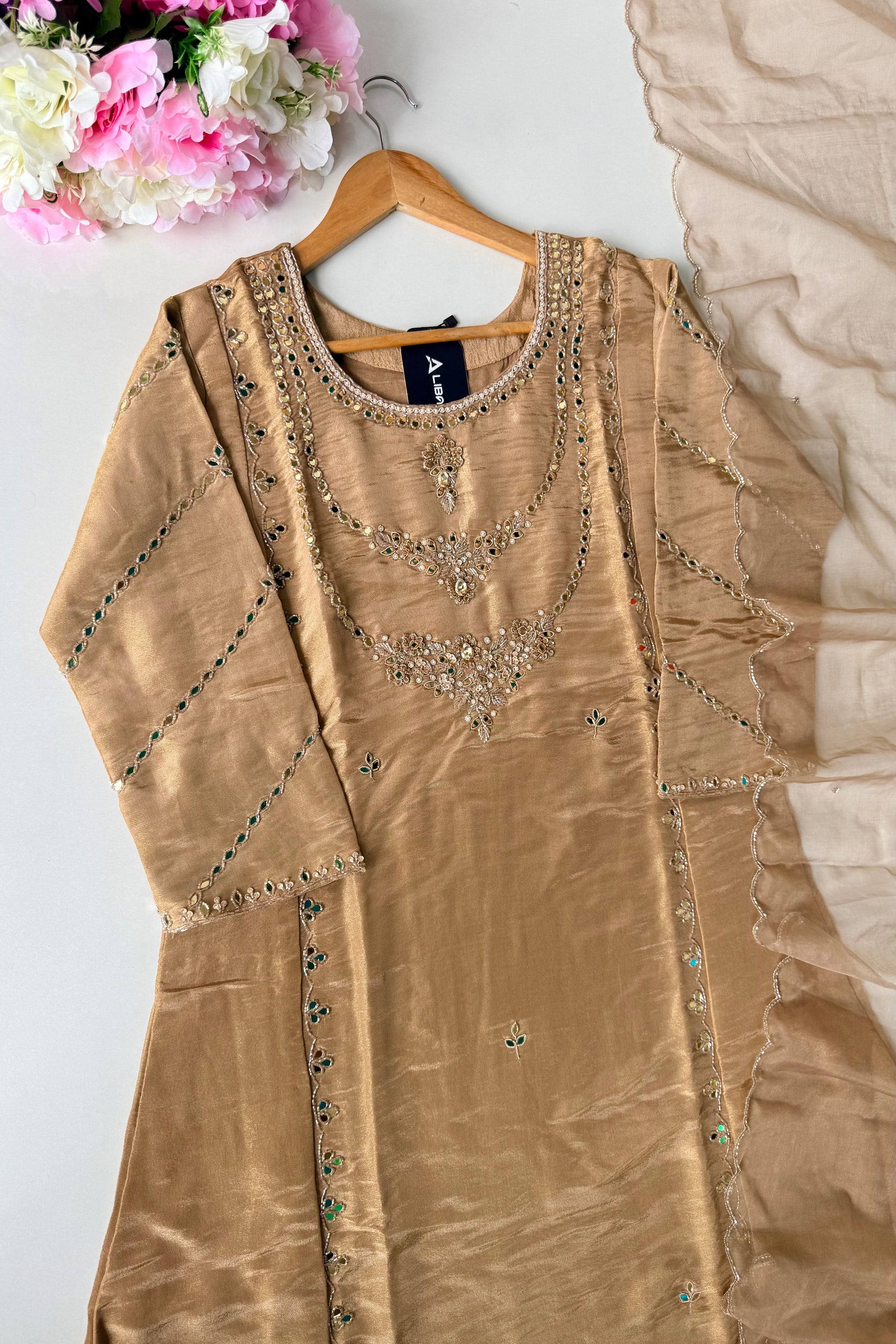✨Pearl – Premium Gold Beige  Mirror Work Tissue A Line Kurta Set