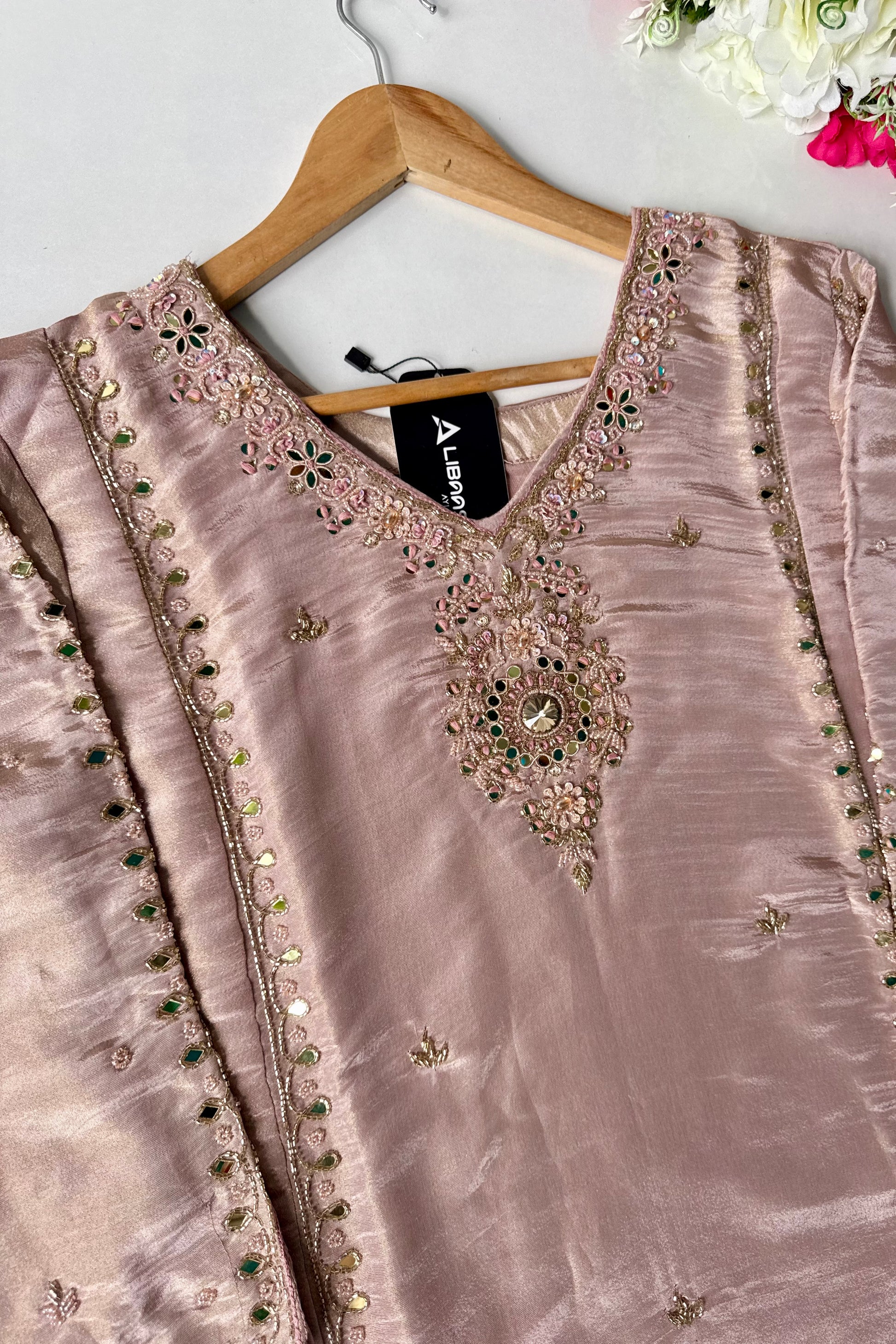 ✨Pearl – Premium Blush Mirror Work Tissue A Line Kurta Set