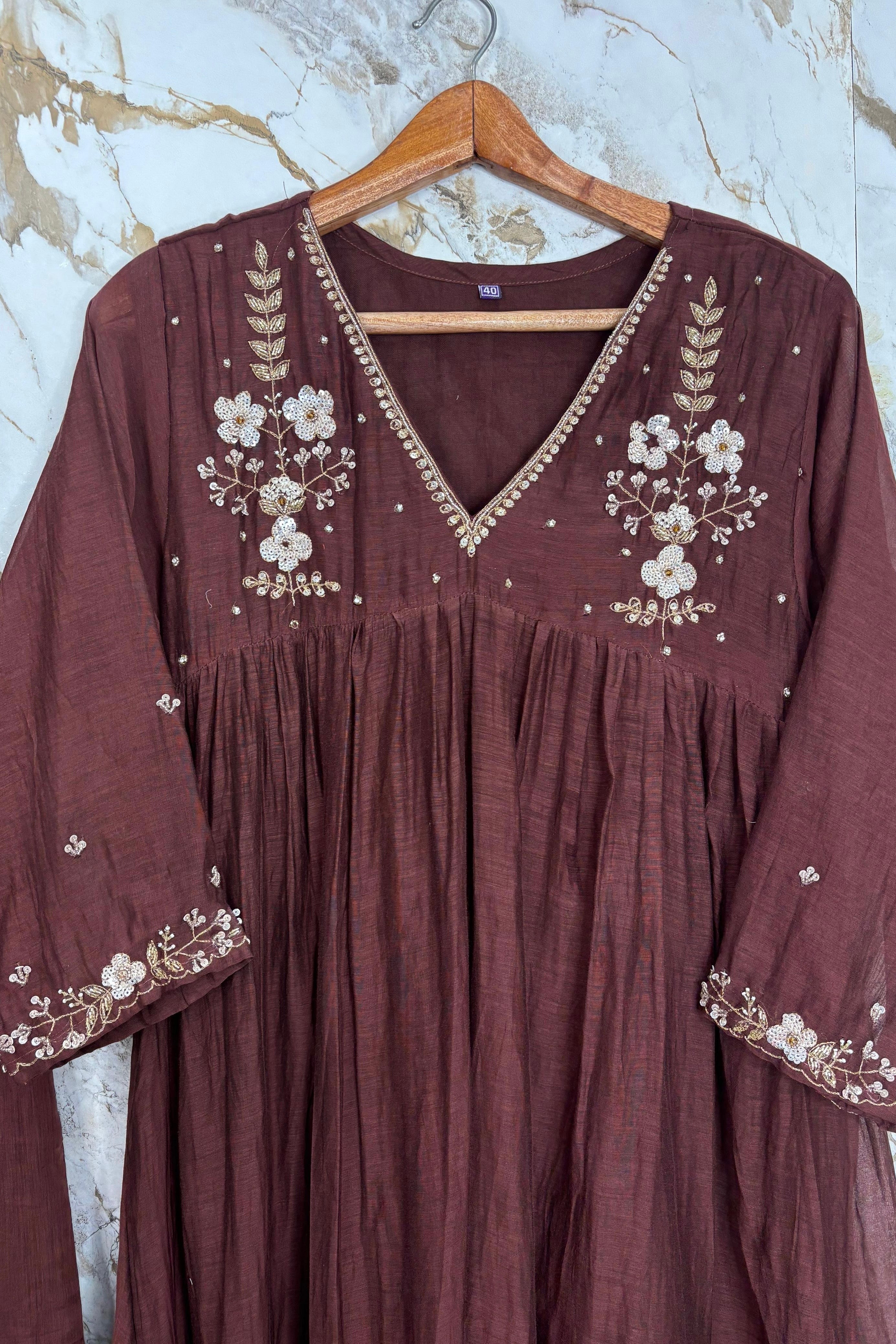 🛍️”Melody –  Premium Wine Banarsi Mul Chanderi A Line Suit