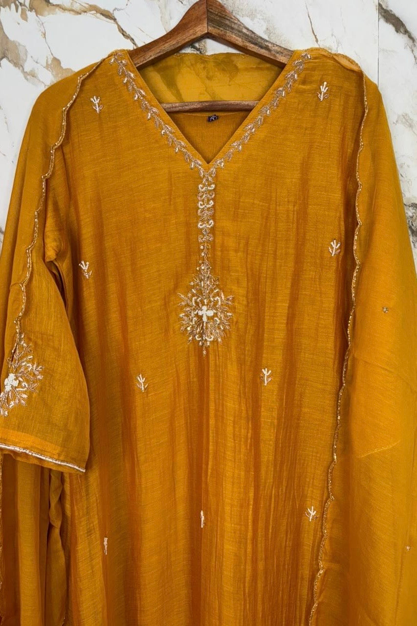 “HAYA” Premium Yellow Mul Chanderi A-Line Kurta with Bottom & Dupatta