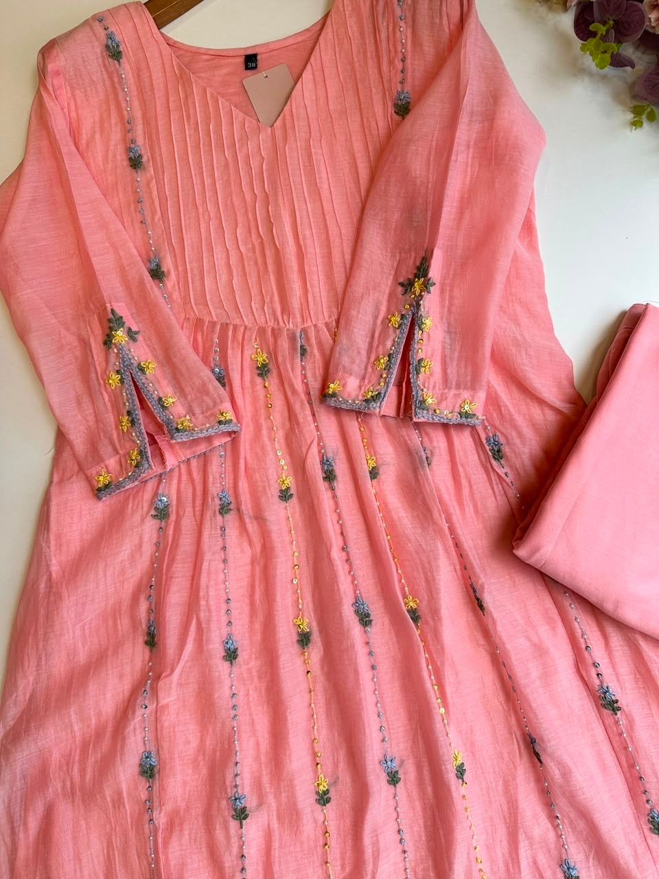 ✨”Sunshine– Premium Blush Pink Banaras Mul Chanderi A-Line Suit (Copy)