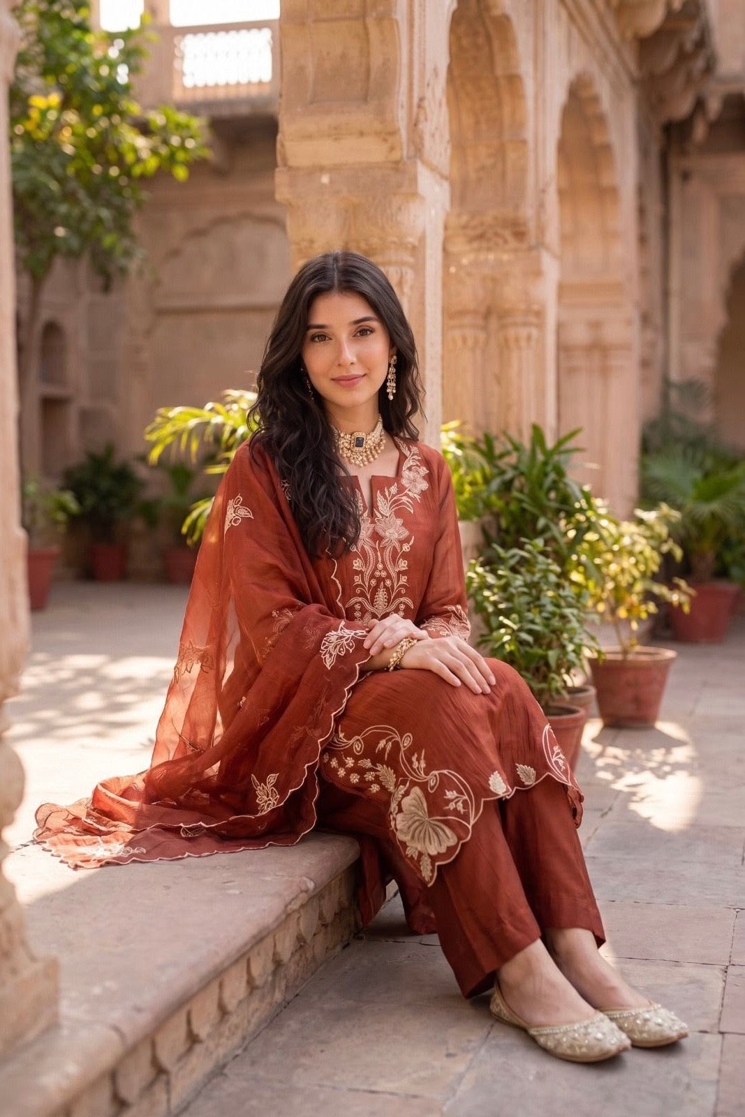 ✨Navira - Rust Banaras mul chanderi Embroidered Straight Kurta Set