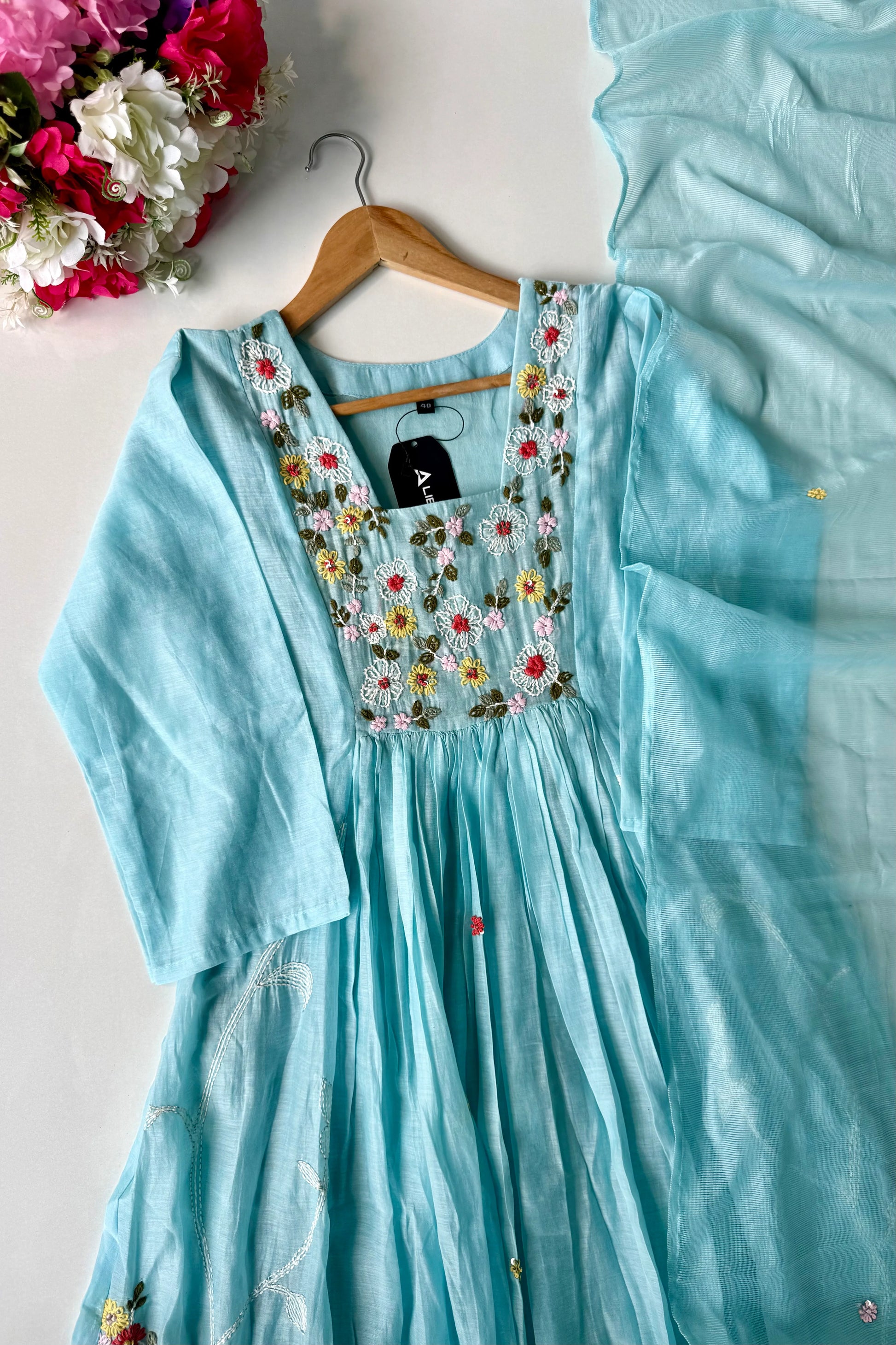 💙”Mayra – Premium Mul Chanderi A-Line Kurta Set