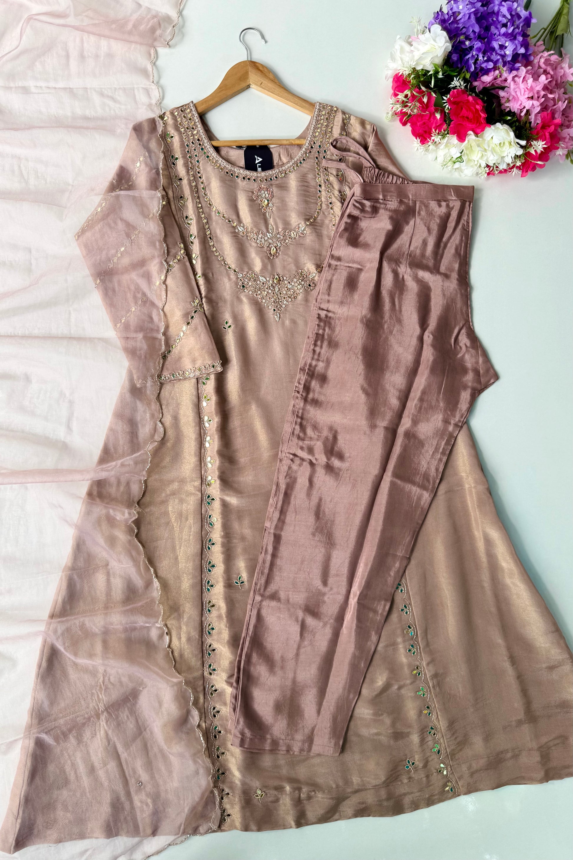 ✨Pearl – Premium Blush Mirror Work Tissue A Line Kurta Set