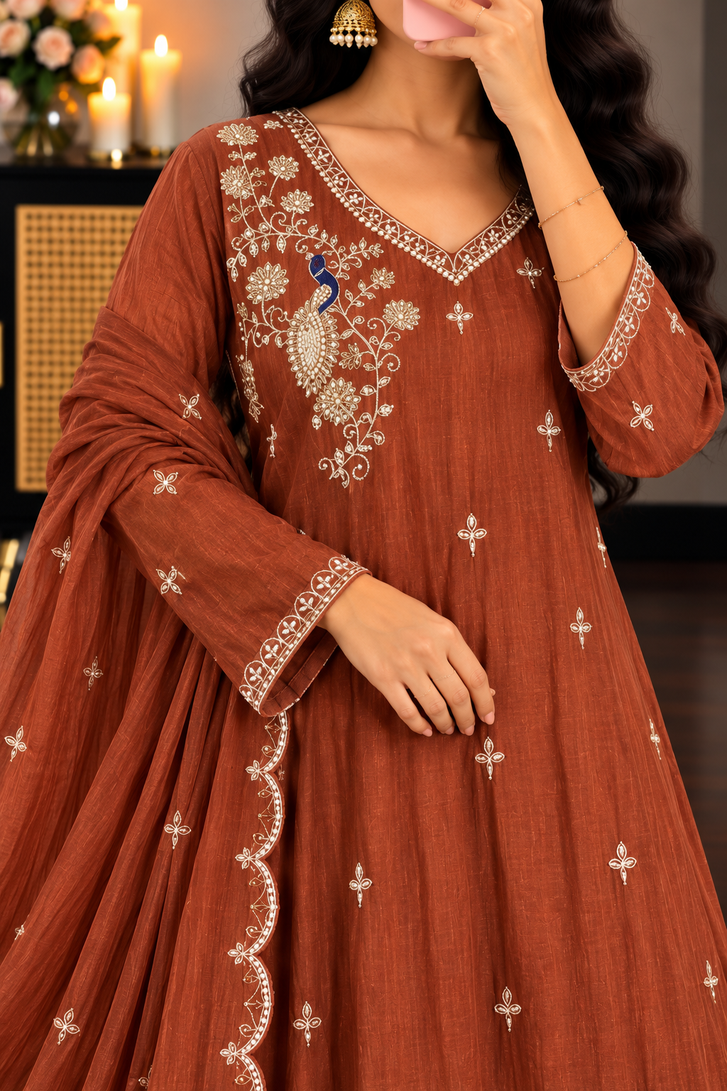 ✨Norah- Premium Chocolate Brown Mul Chanderi A Line Kurta Set ✨