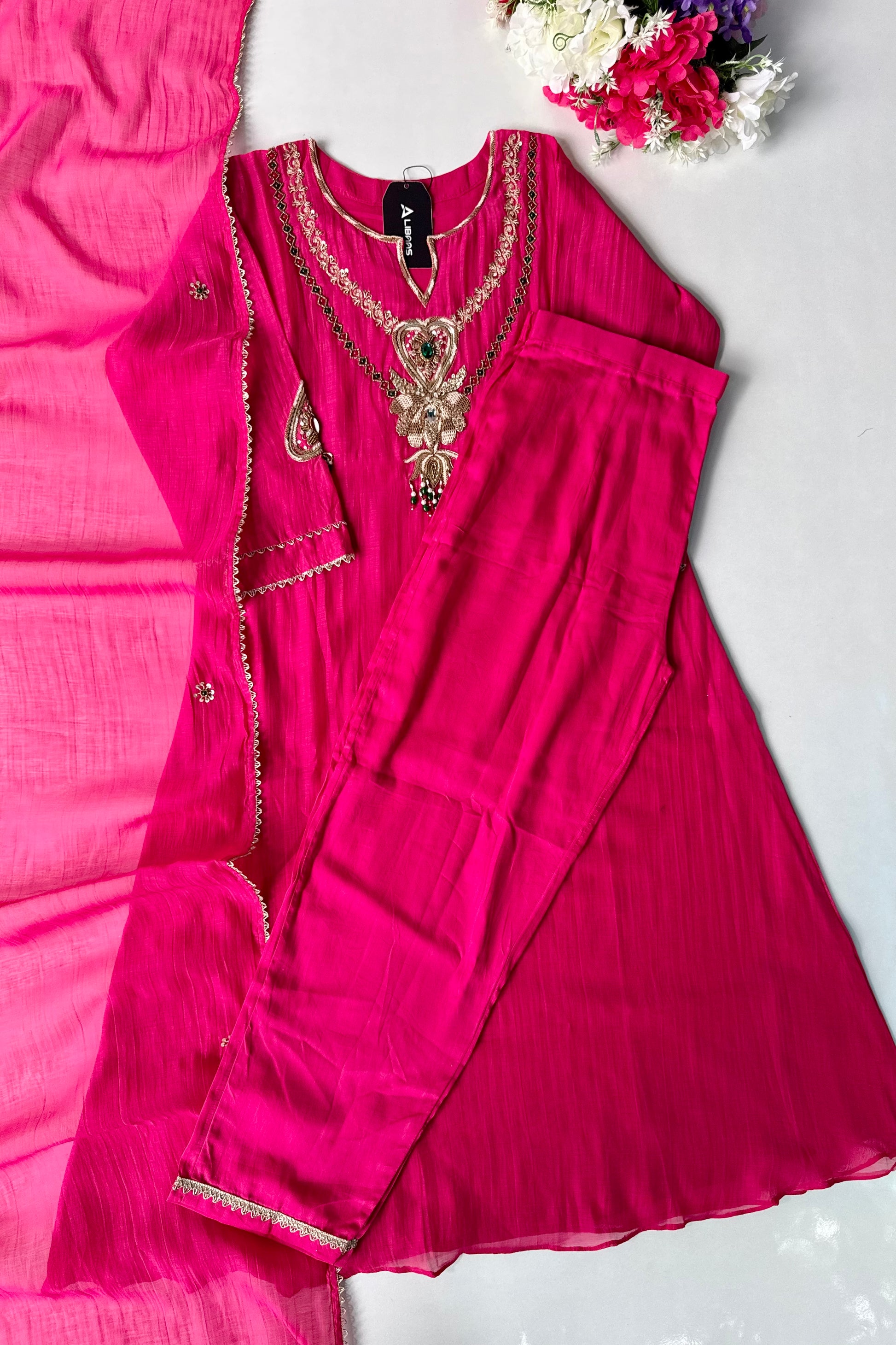 ✨”Falak - Premium Royal Pink Mul Chanderi A-Line Kurta Set
