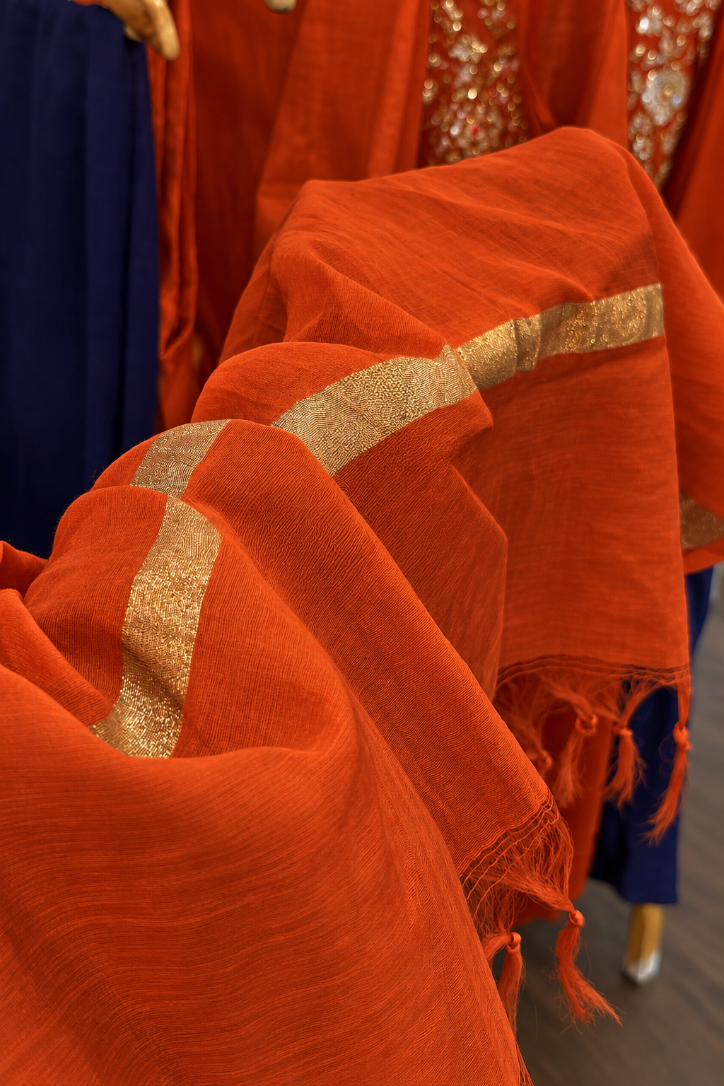 ✨”Mahek-Rust Orange Mul Chanderi A-Line Kurta Set✨