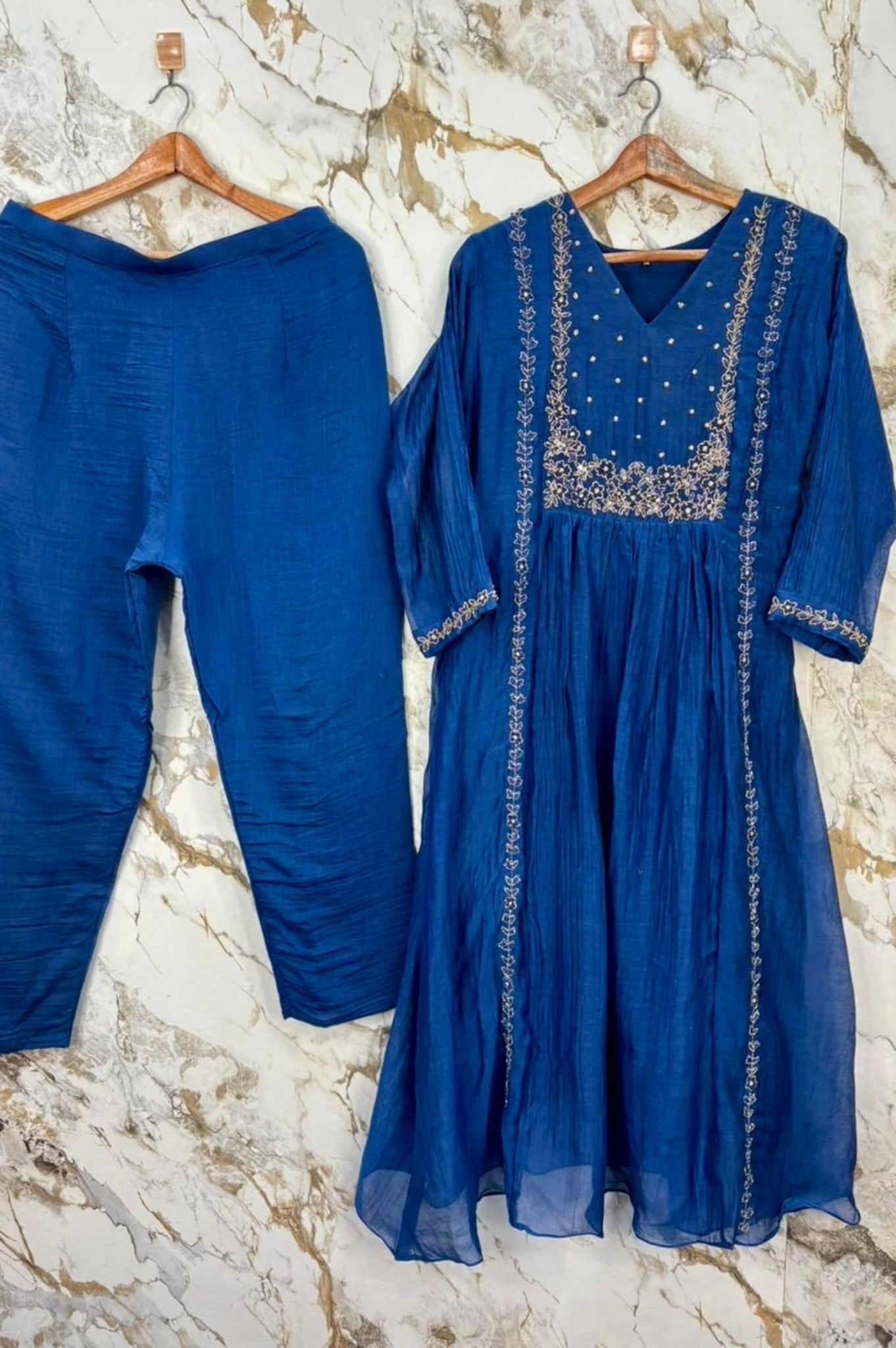 💙Ayza- Premium Blue Mul Chanderi A Line Suit set 🛍️