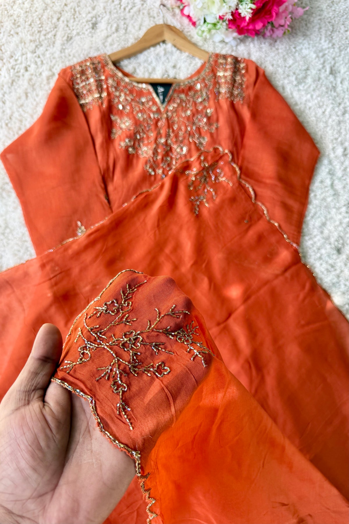 ✨Daisy - Premium Ornage Mul Chanderi A-Line Anarkali Kurta set