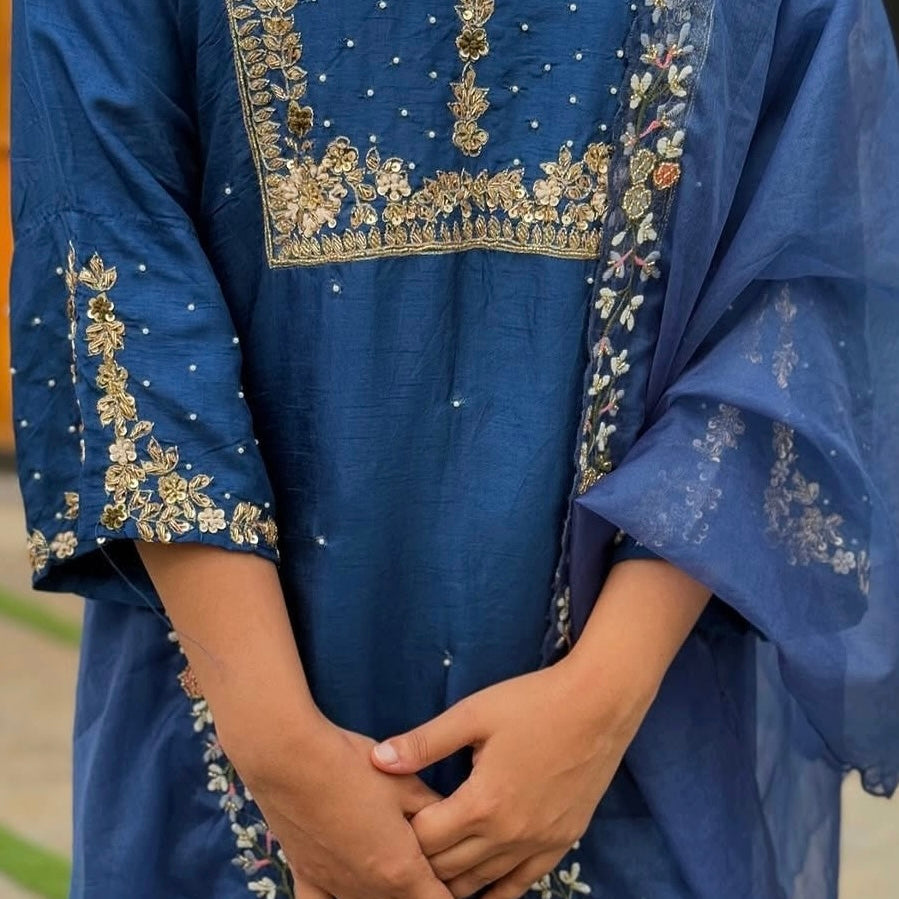 “ALKA” A very beautiful Blue piece with zardozi & zari handwork set
