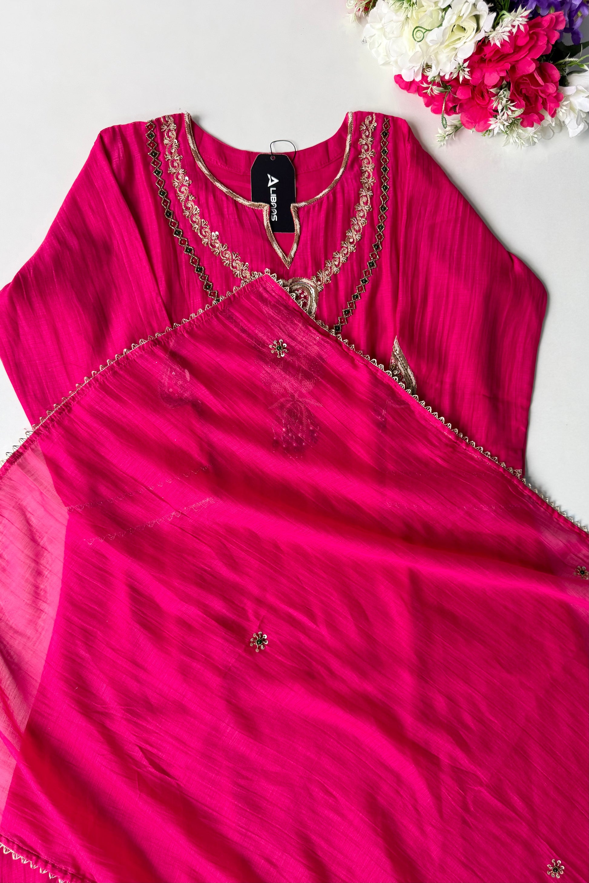 “Diamond” Trending Premium Pink  Mul Chanderi A Line Suit set 🛍️