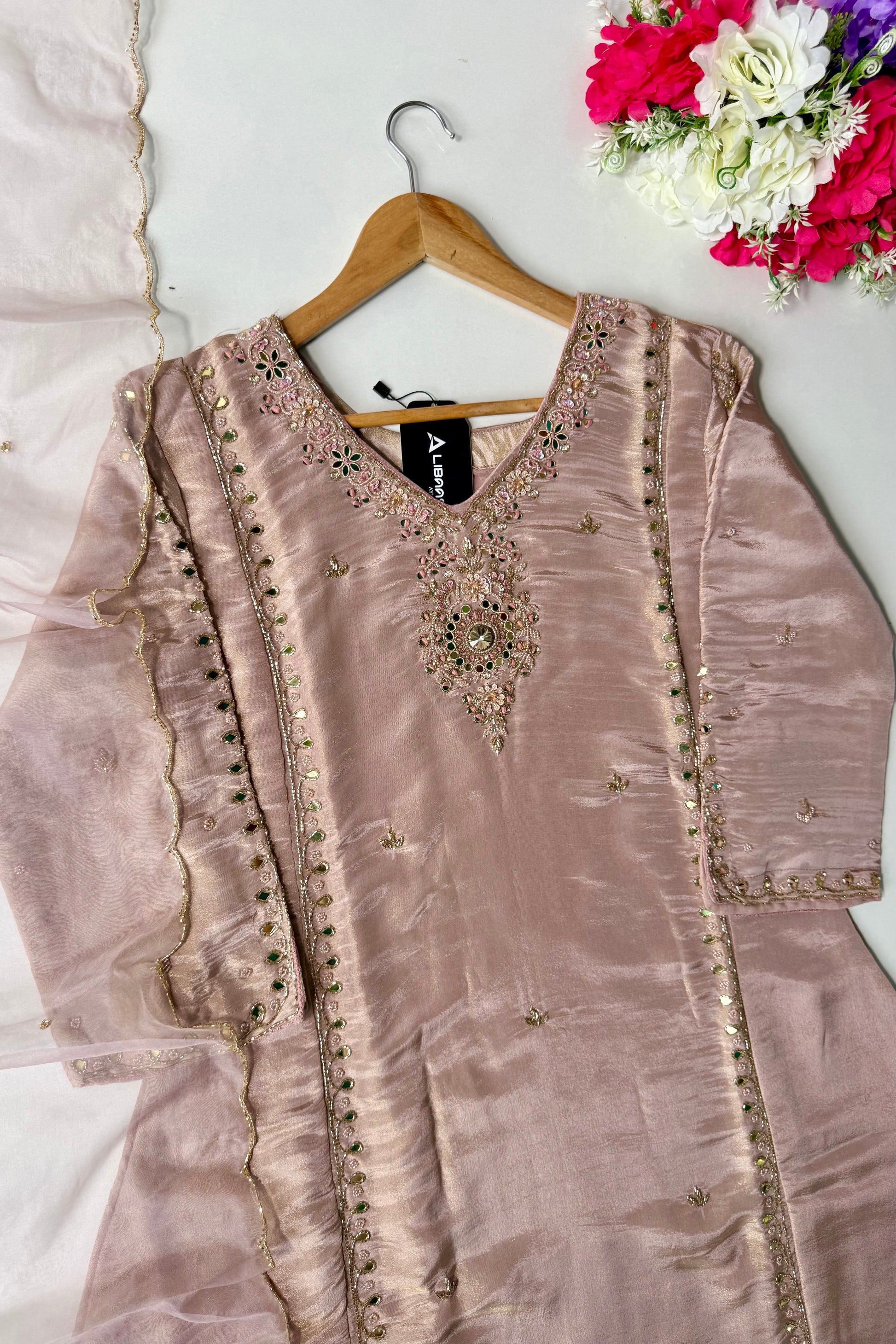 ✨Pearl – Premium Blush Mirror Work Tissue A Line Kurta Set