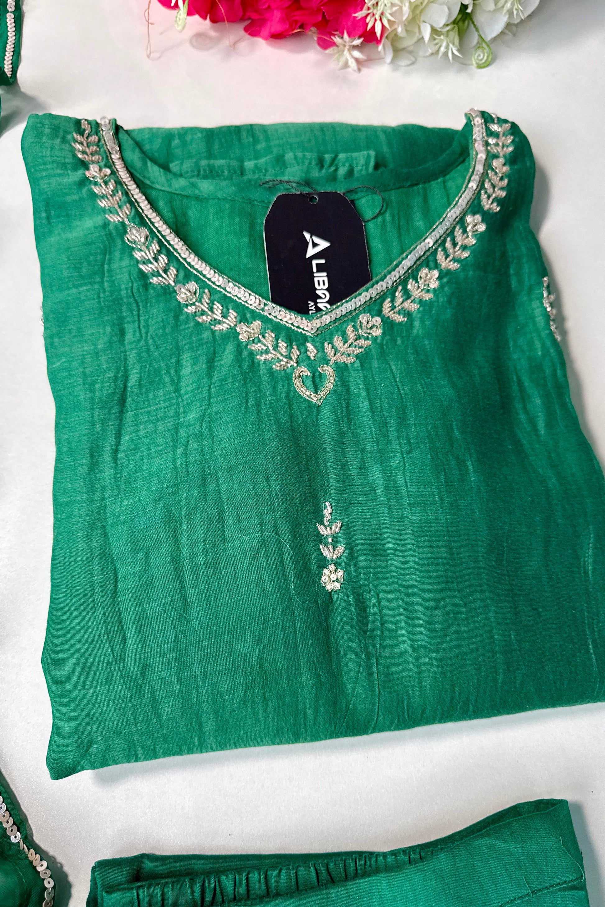 ✨”Eshal - Premium Green Mul Chanderi A-Line Kurta Set