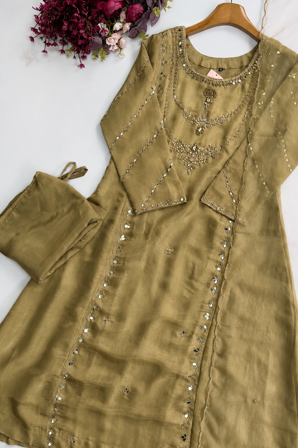 ✨Pearl – Premium Blush Antique Green Tissue A Line Kurta Set