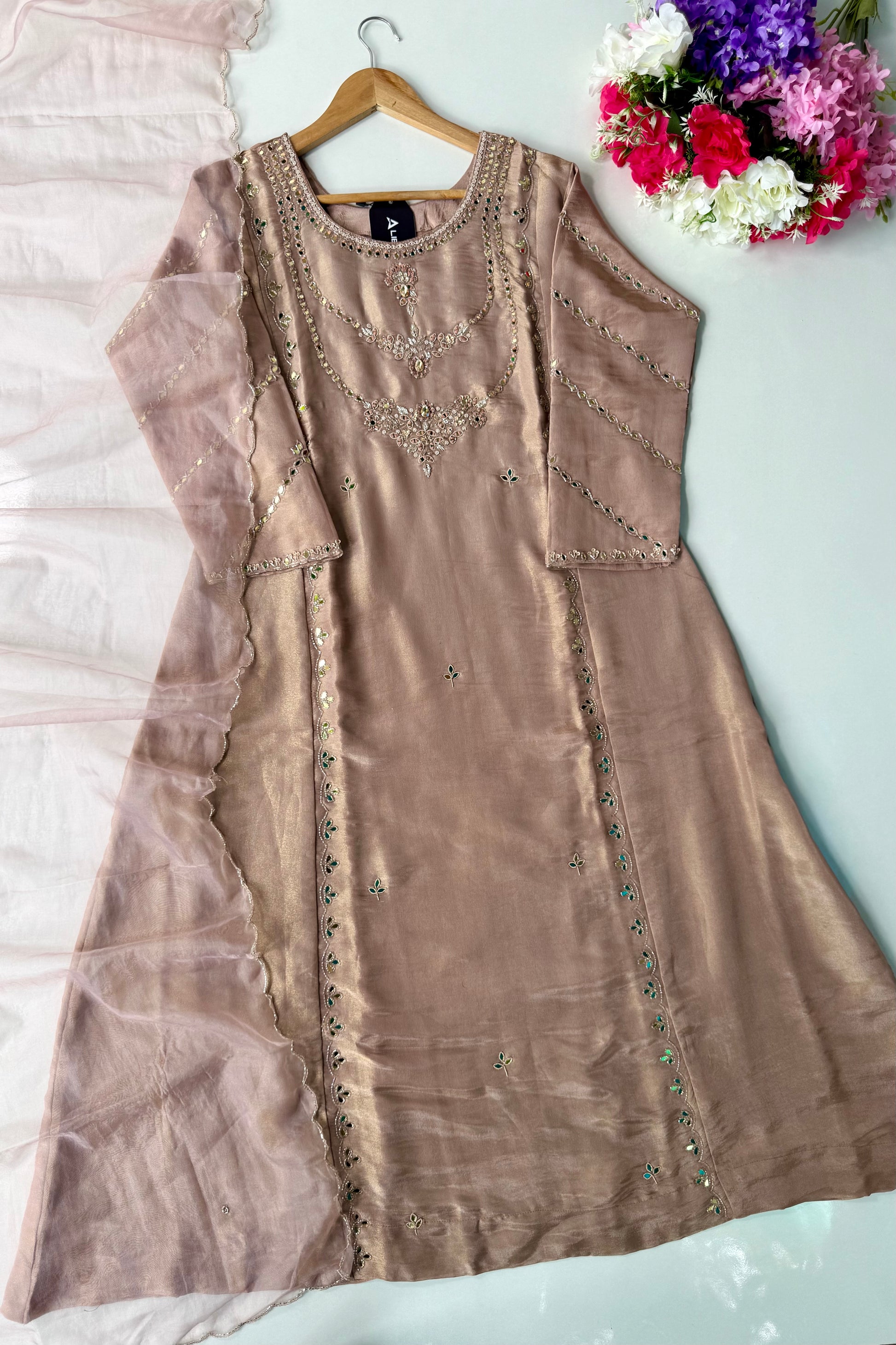 ✨Pearl – Premium Blush Mirror Work Tissue A Line Kurta Set