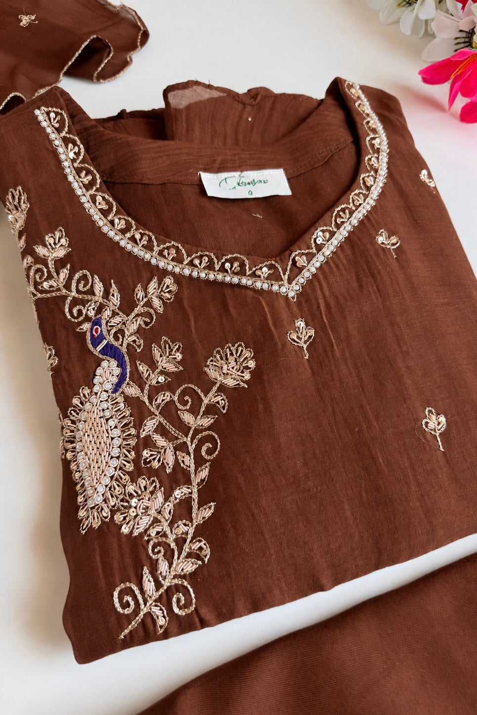 ✨Nora - Premium Chocolate Brown Mul Chanderi A Line Kurta Set ✨