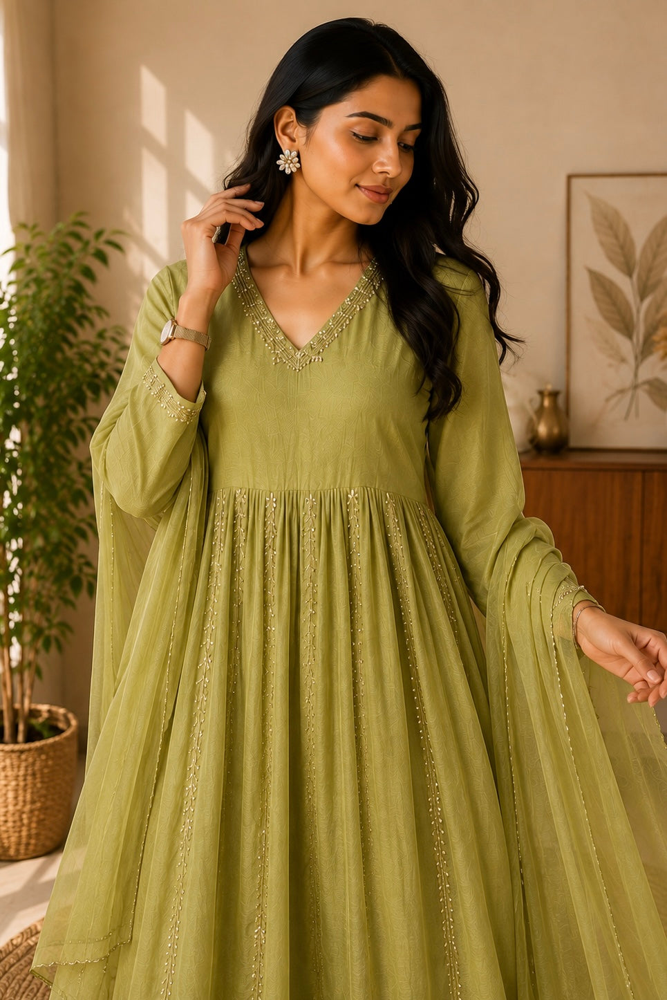 ✨Florence - Olive Pistachio Mul Chanderi Anarkali Suit set 🛍️