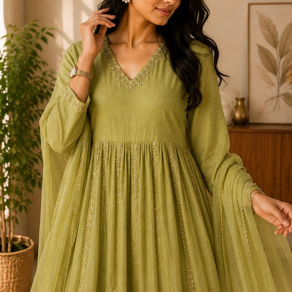 ✨Florence - Olive Pistachio Mul Chanderi Anarkali Suit set 🛍️