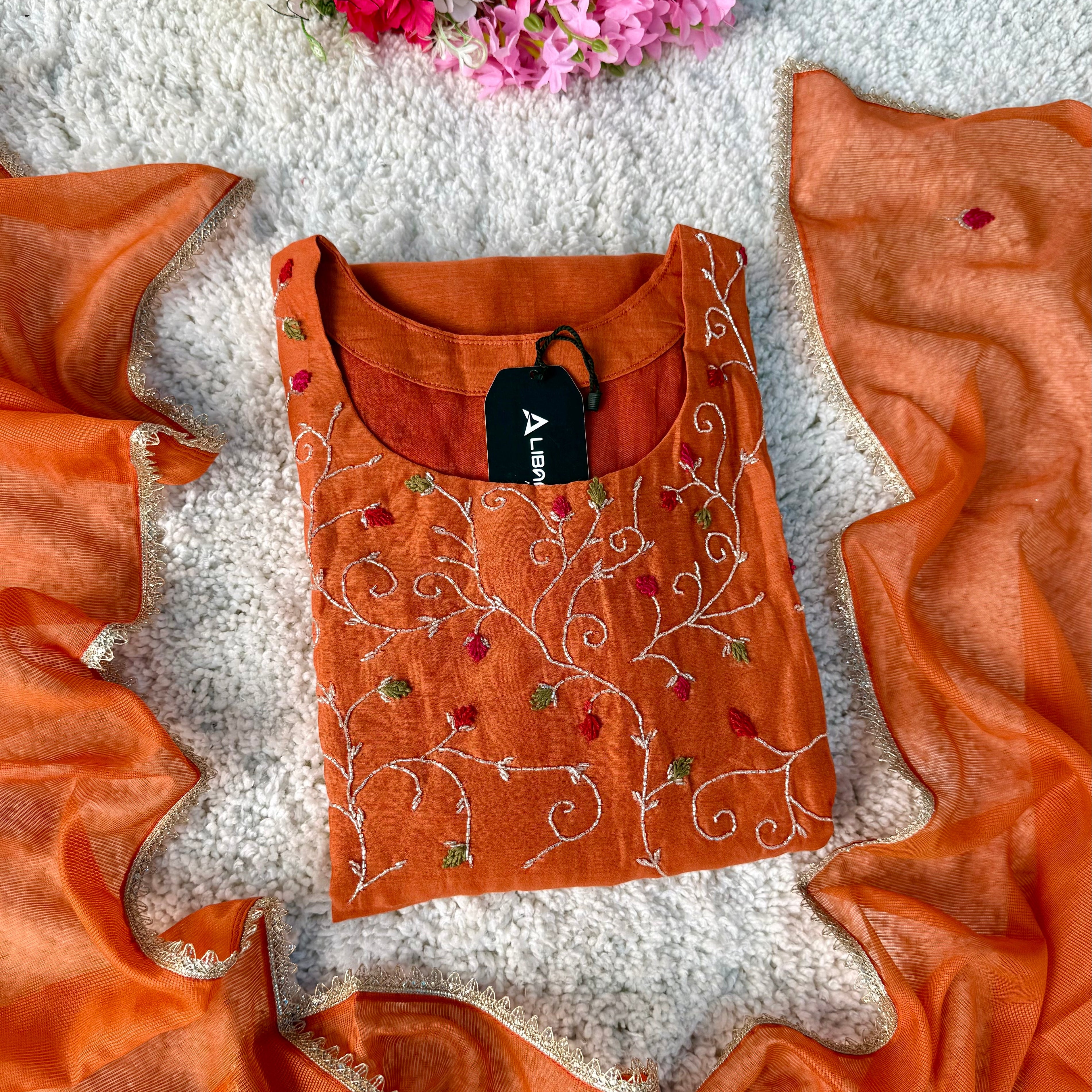 ✨AZ03 - Beautiful Rust Orange Mul Chanderi A Line Kurta set