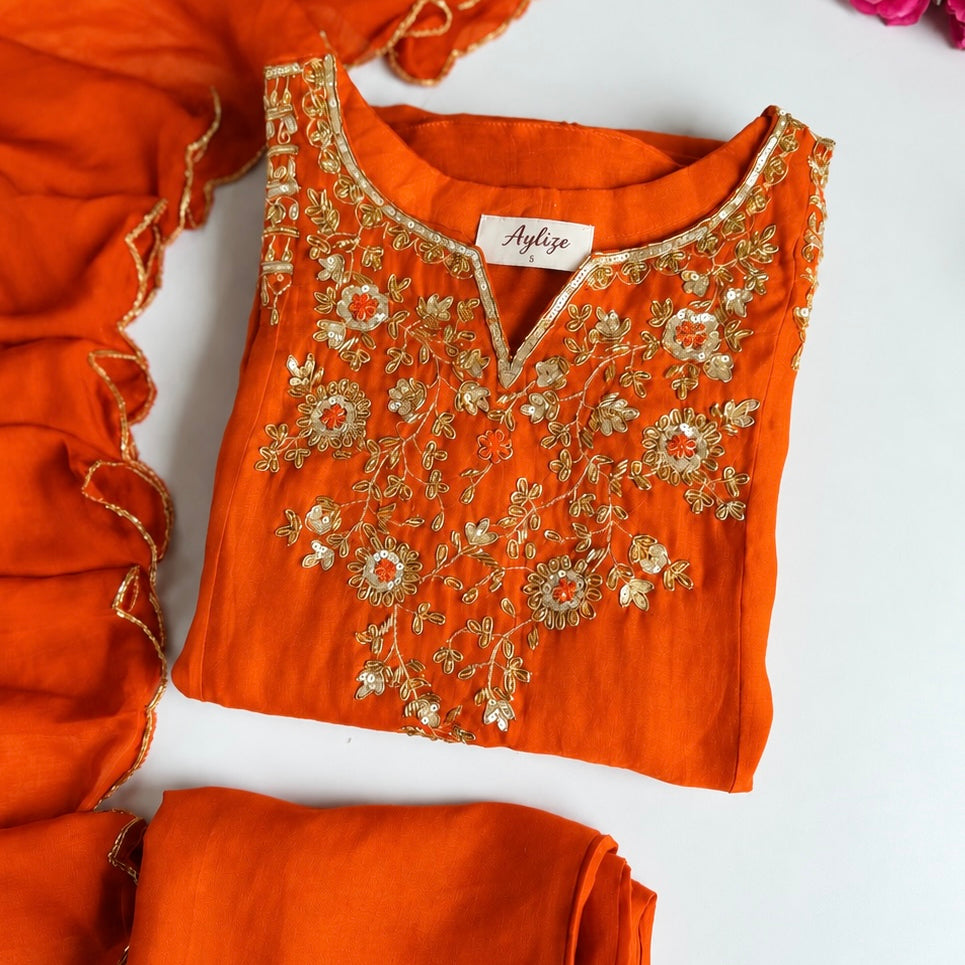 ✨”Aastha- Premium Orange Mul Chanderi A-Line Kurta Sets