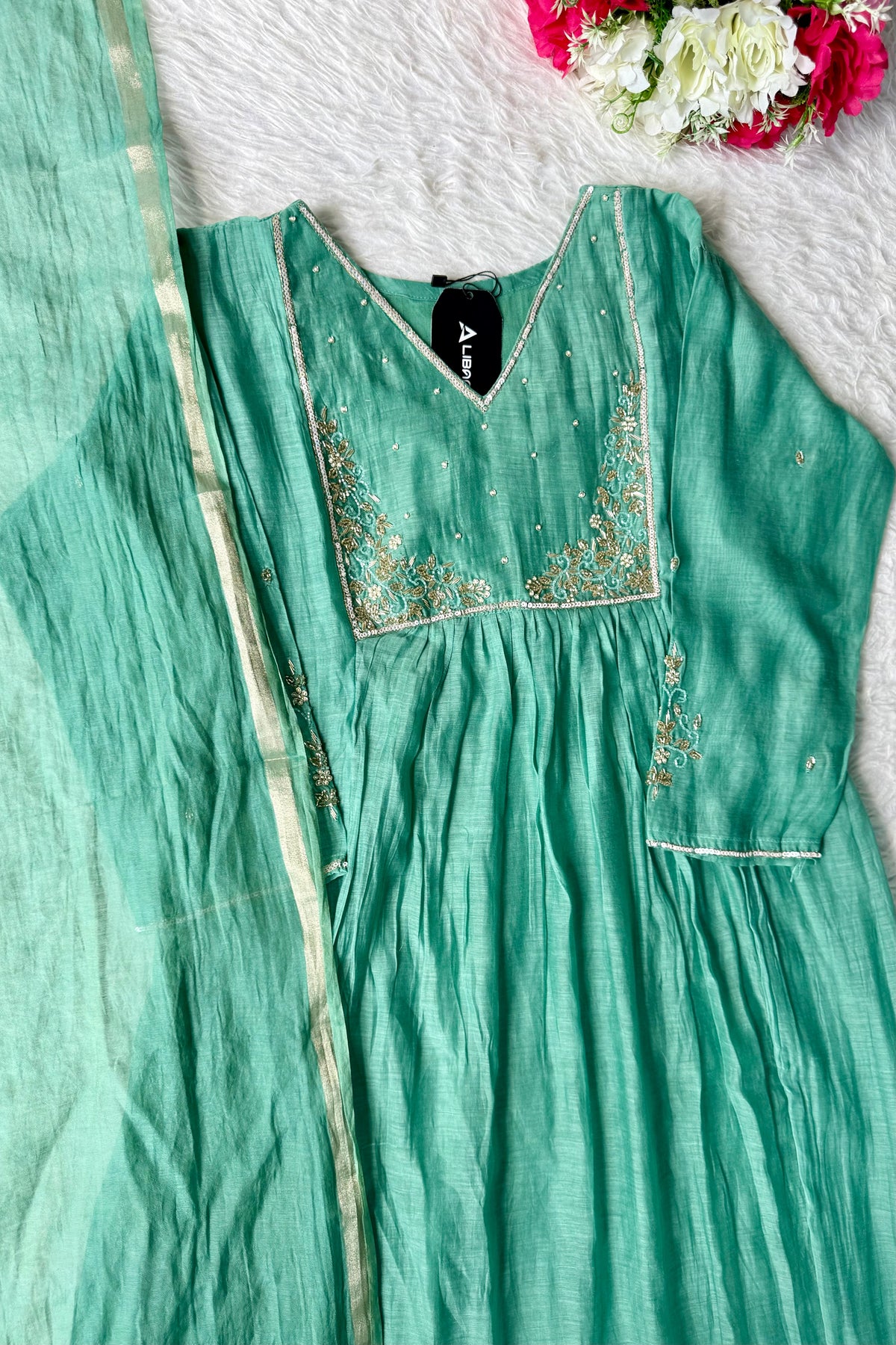 ✨ Gulnoor – Green Mul Chanderi A-Line Kurta Set with Dupatta