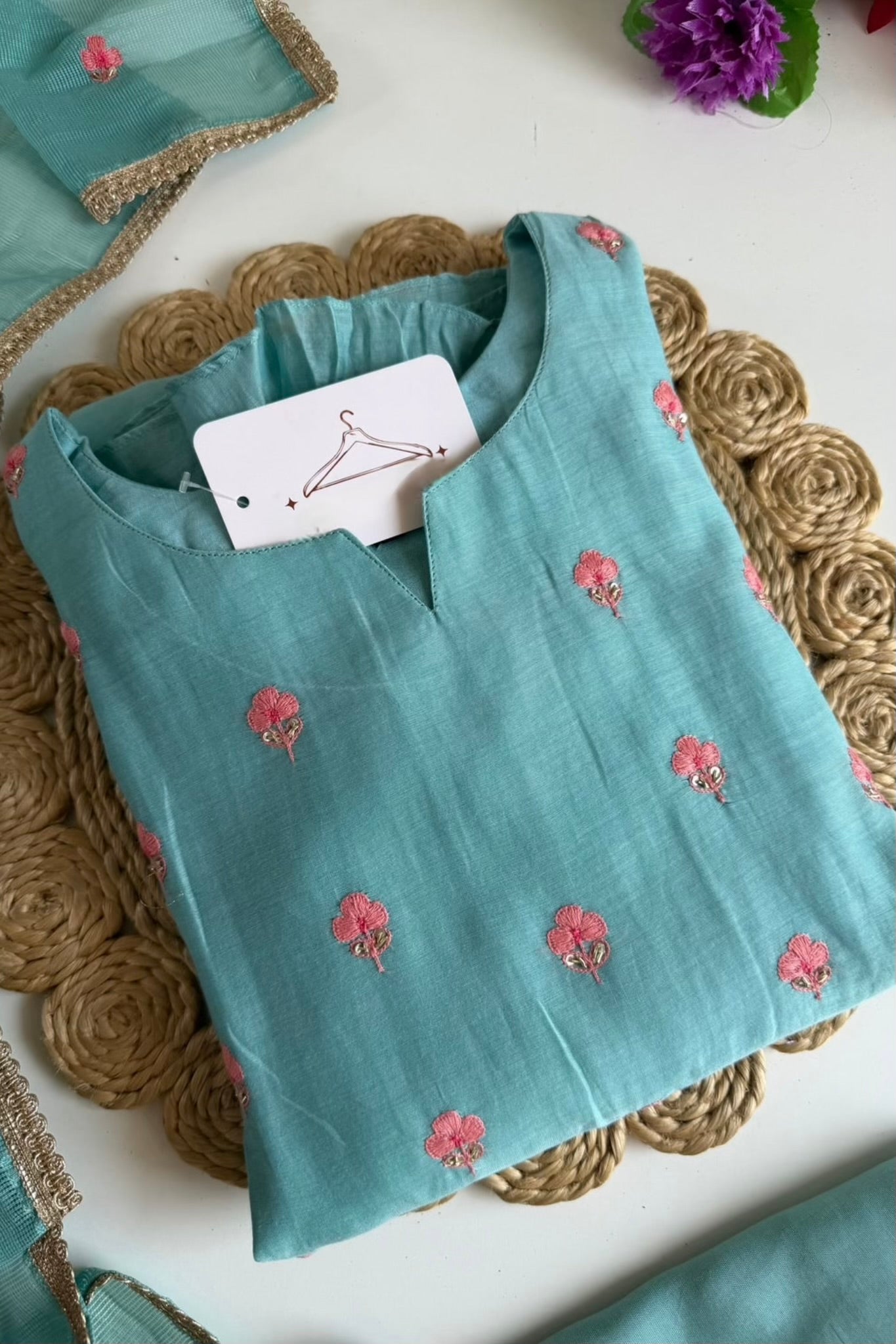 🛍️”Delilah – Premium Aqua Green Mul Chanderi A Line Kurta Set