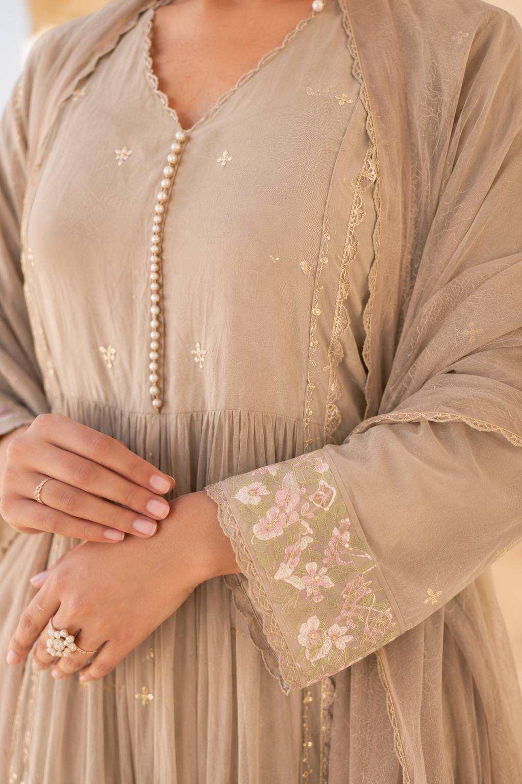 “Sana” Premium Sand Beige Cotton Embroidered Anarkali kurta set