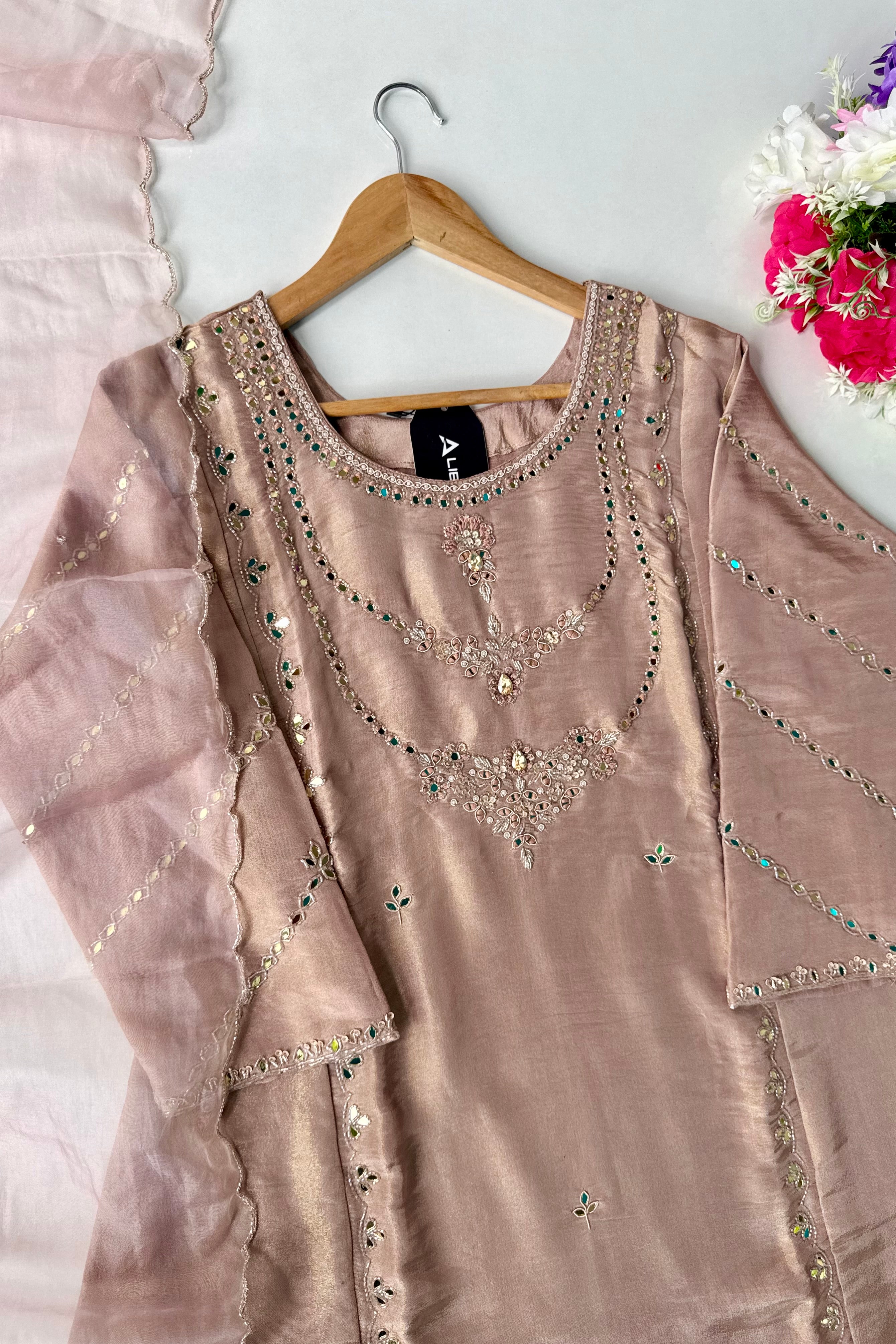 ✨Pearl – Premium Blush Mirror Work Tissue A Line Kurta Set
