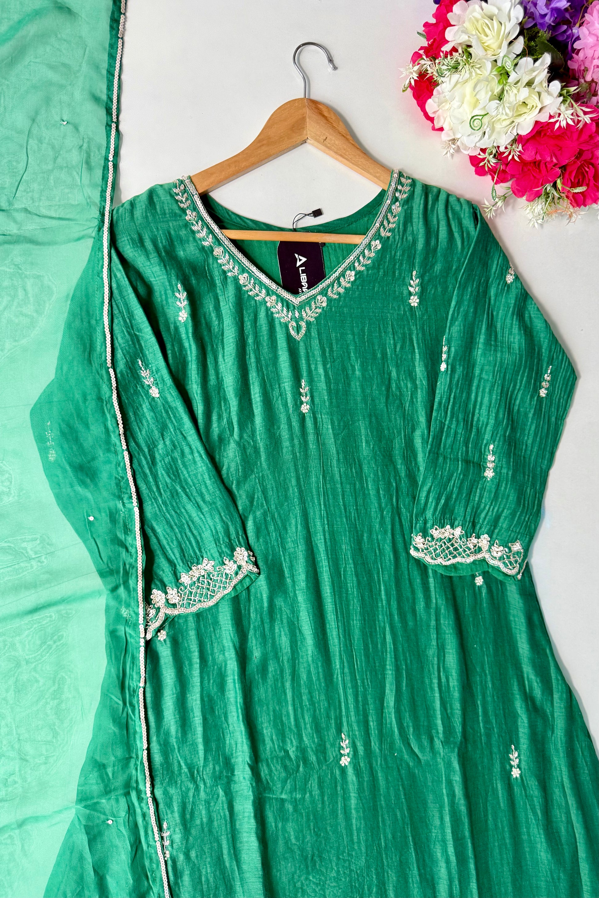 ✨”Eshal - Premium Green Mul Chanderi A-Line Kurta Set
