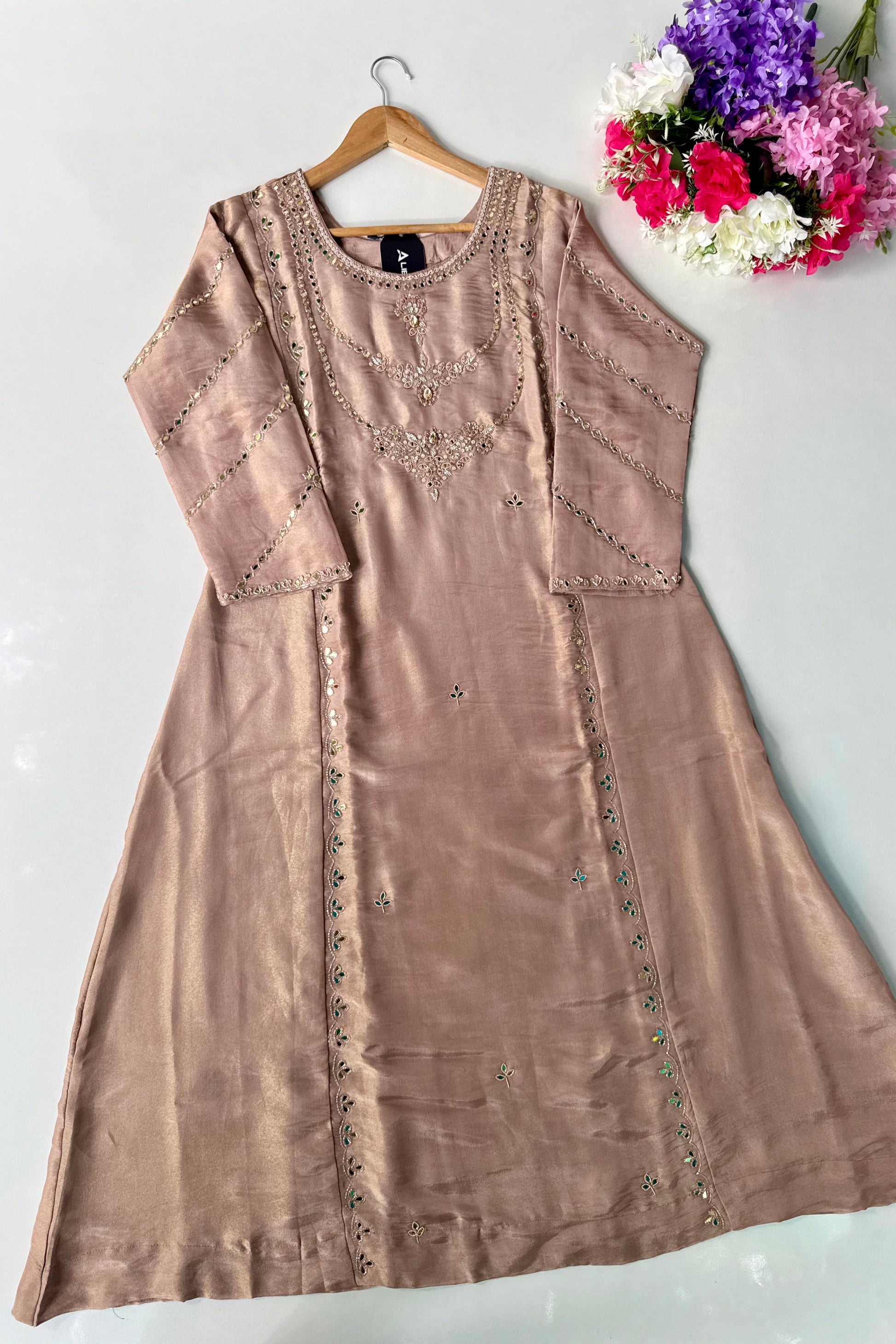 ✨Pearl – Premium Blush Mirror Work Tissue A Line Kurta Set