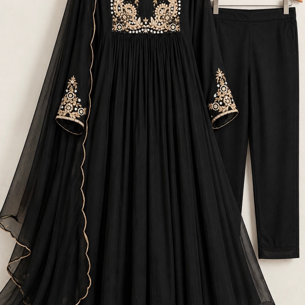 “Saanvi” Black Chinon Anarkali Kurti Pant With Dupatta Set