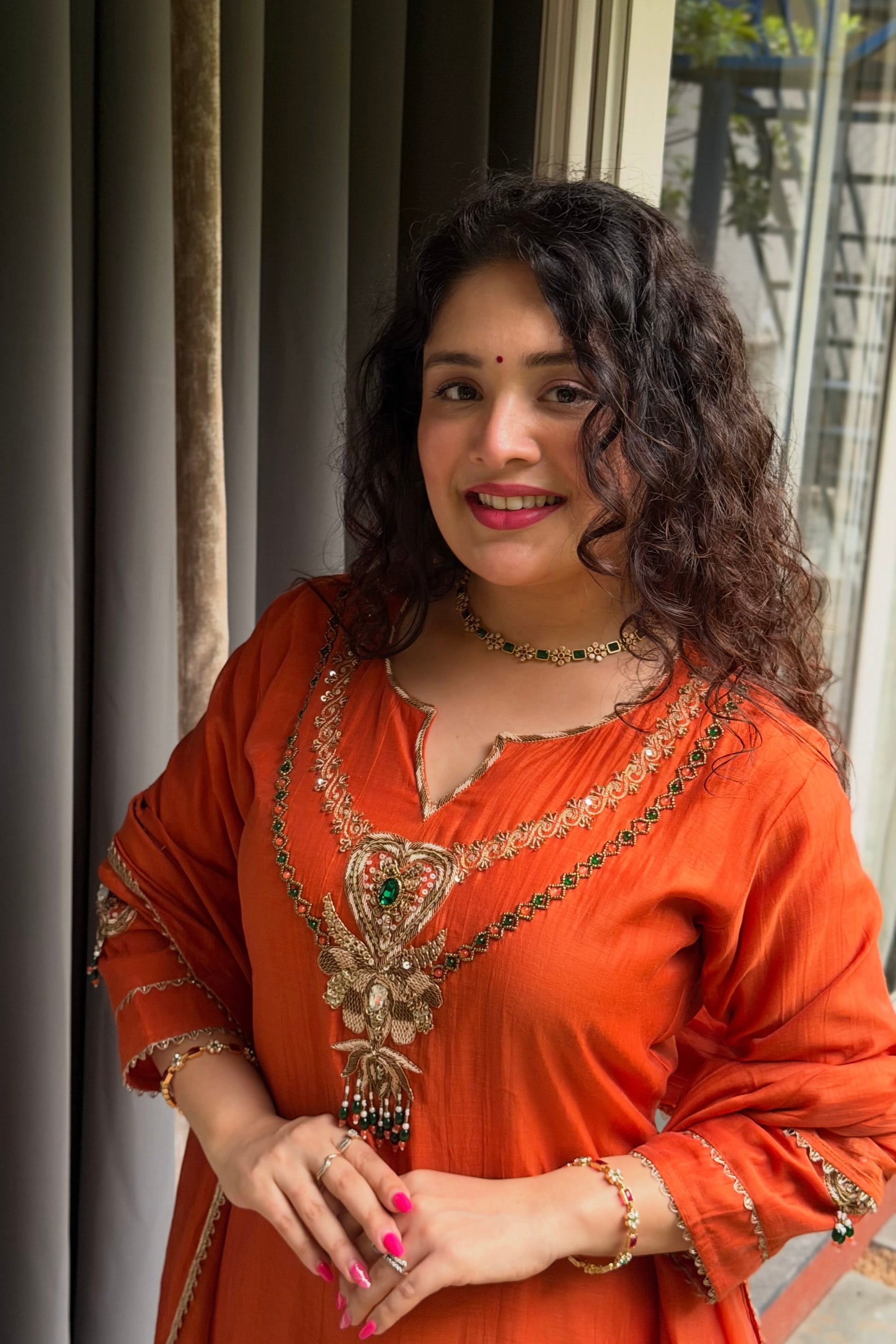 ✨”Falak - Premium Orange Mul Chanderi A-Line Kurta Set