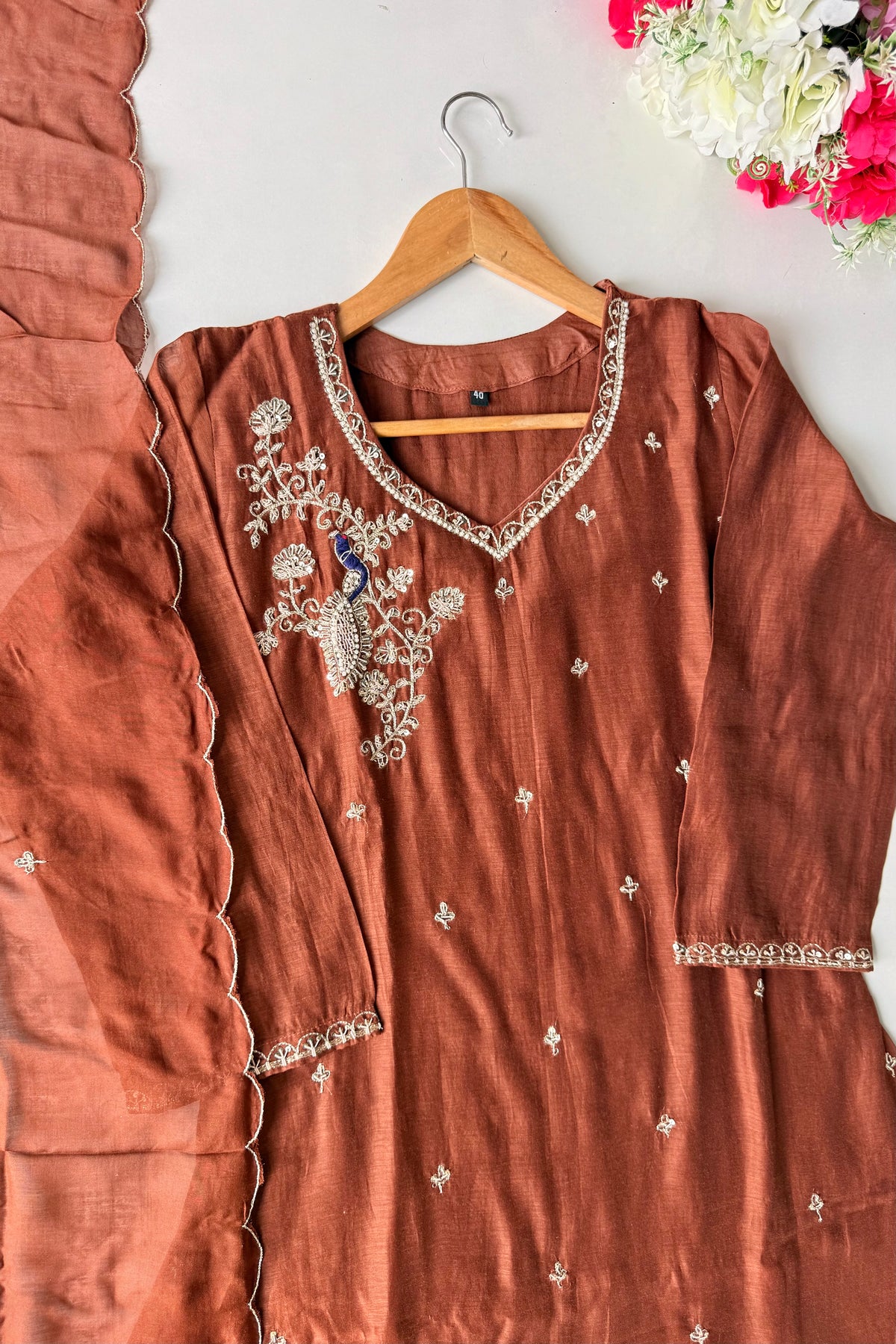 ✨”Nora - Premium Chocolate Brown Mul Chanderi A Line Kurta Set