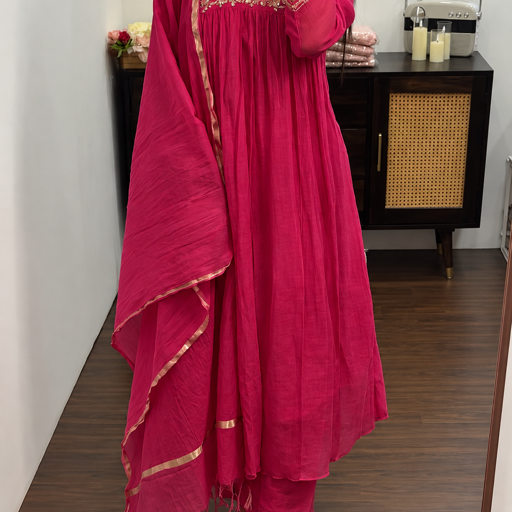 ✨”Mahek-Megenta Pink Mul Chanderi A-Line Kurta Set✨