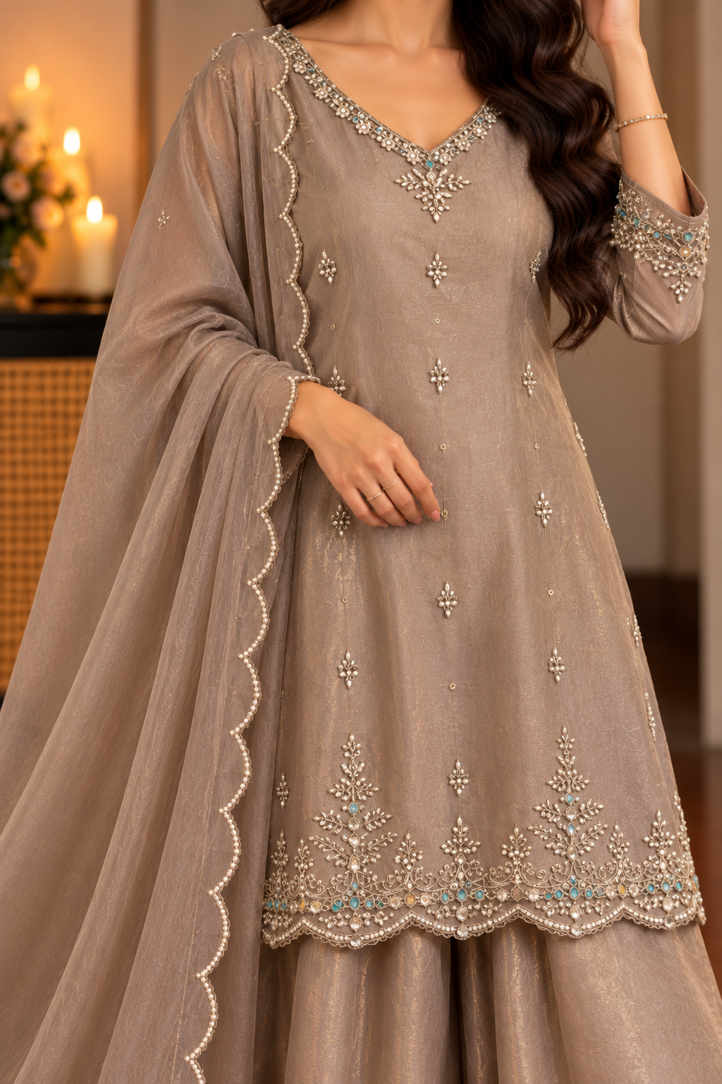 ✨Az02- Champagne Gold Tissue Divider Sharara Suit