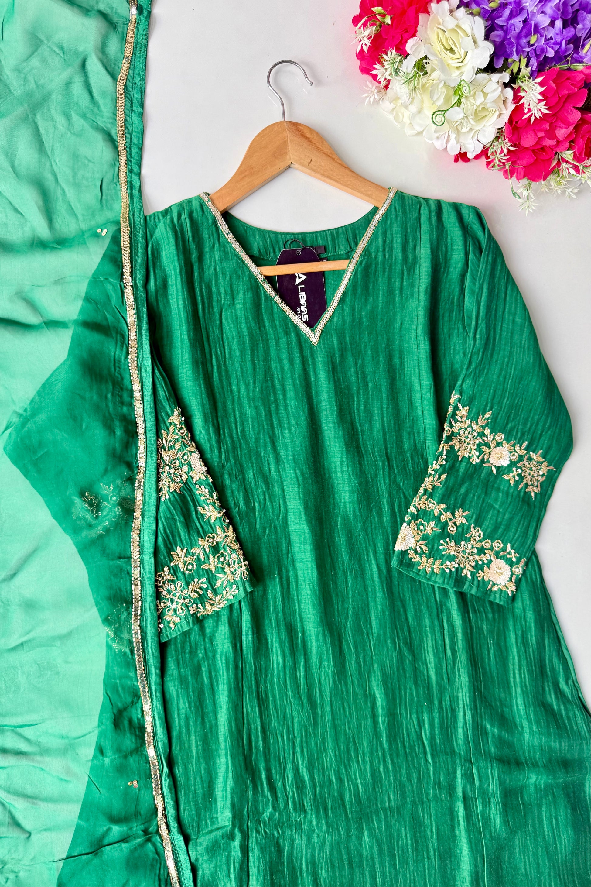 ✨”Amaya - Premium Green Mul Chanderi A-Line Kurta Set