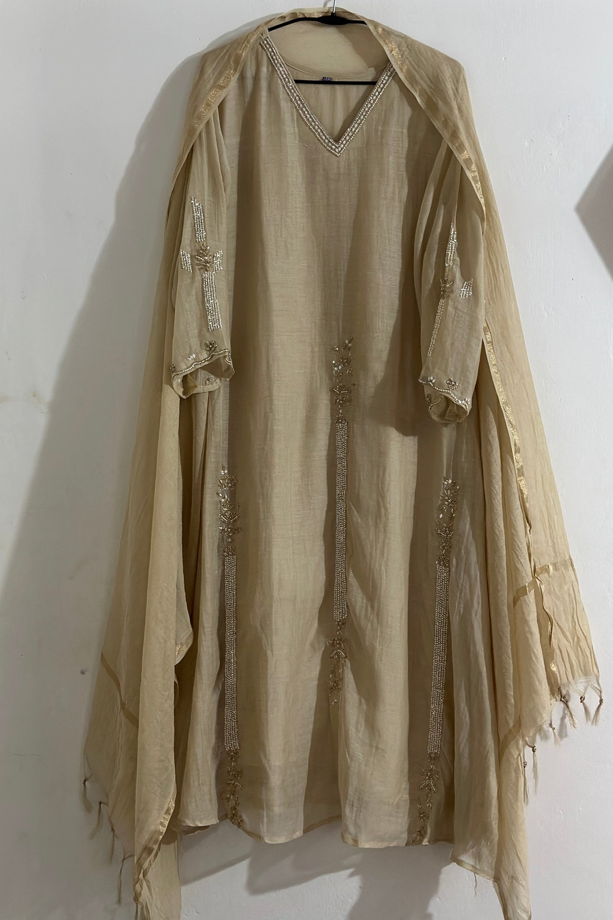 ✨ Mishka- Premium Champagne Ivory Mul Chanderi A Line Kurta Set