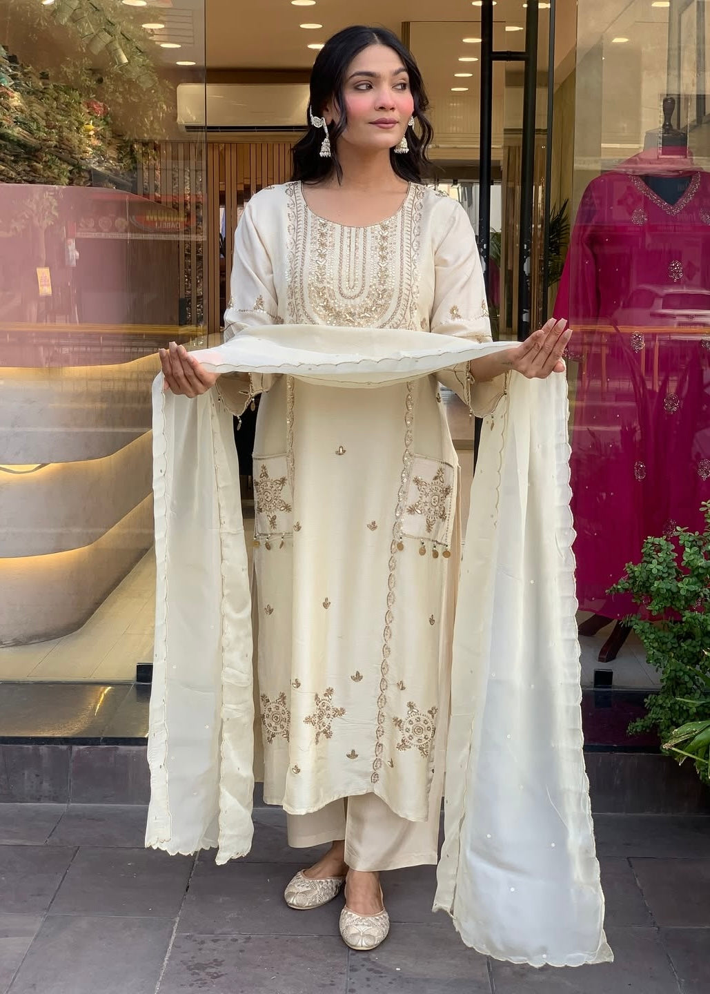 “Aylize” Elegant Dola Silk heavy handwork Kurta Set with Dupatta